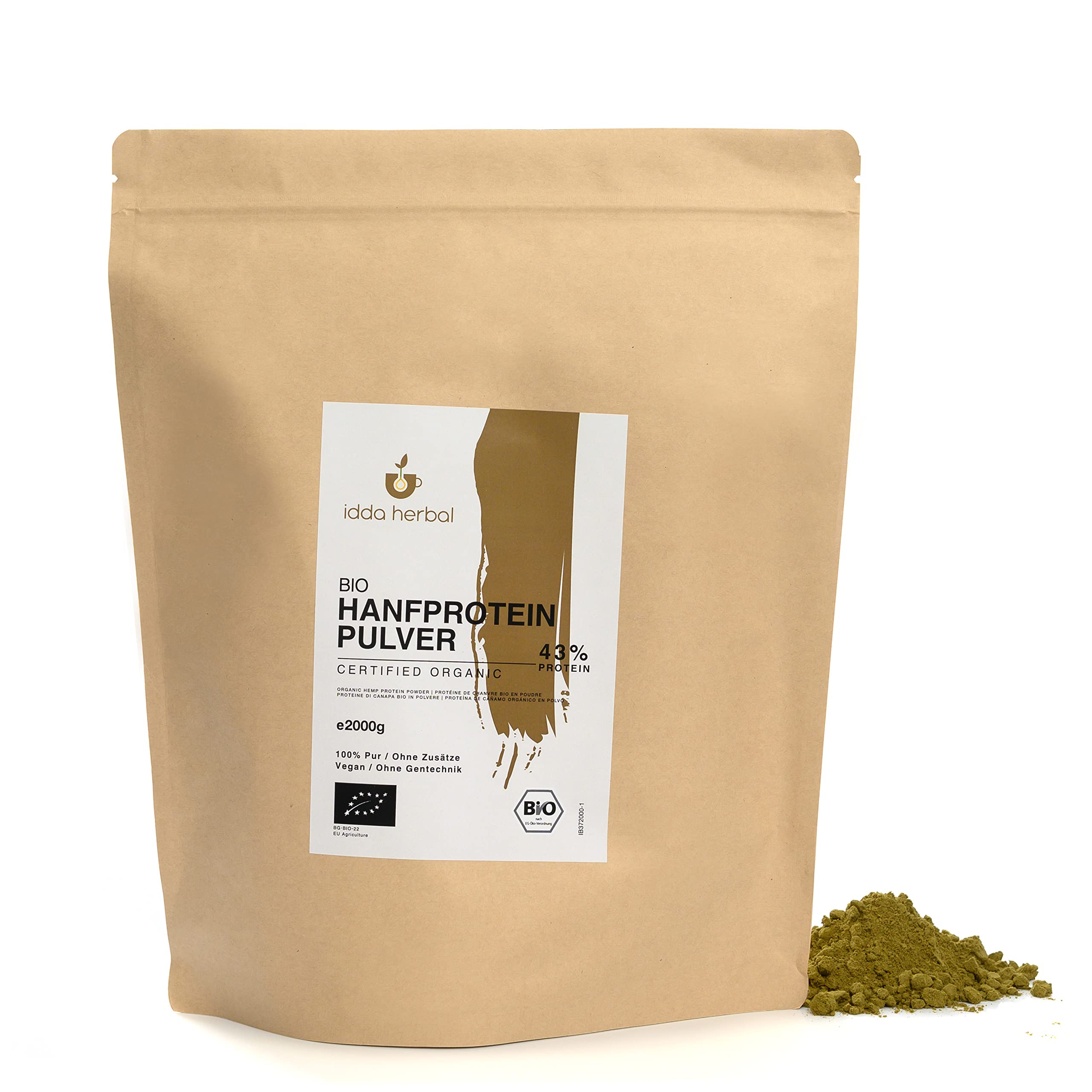 BIO Hanfproteinpulver (2kg), 43% Protein, Hanfprotein, Gemahlene Hanfsamen aus biologischem Anbau, 100% Natürlich und rein, Vegan Protein