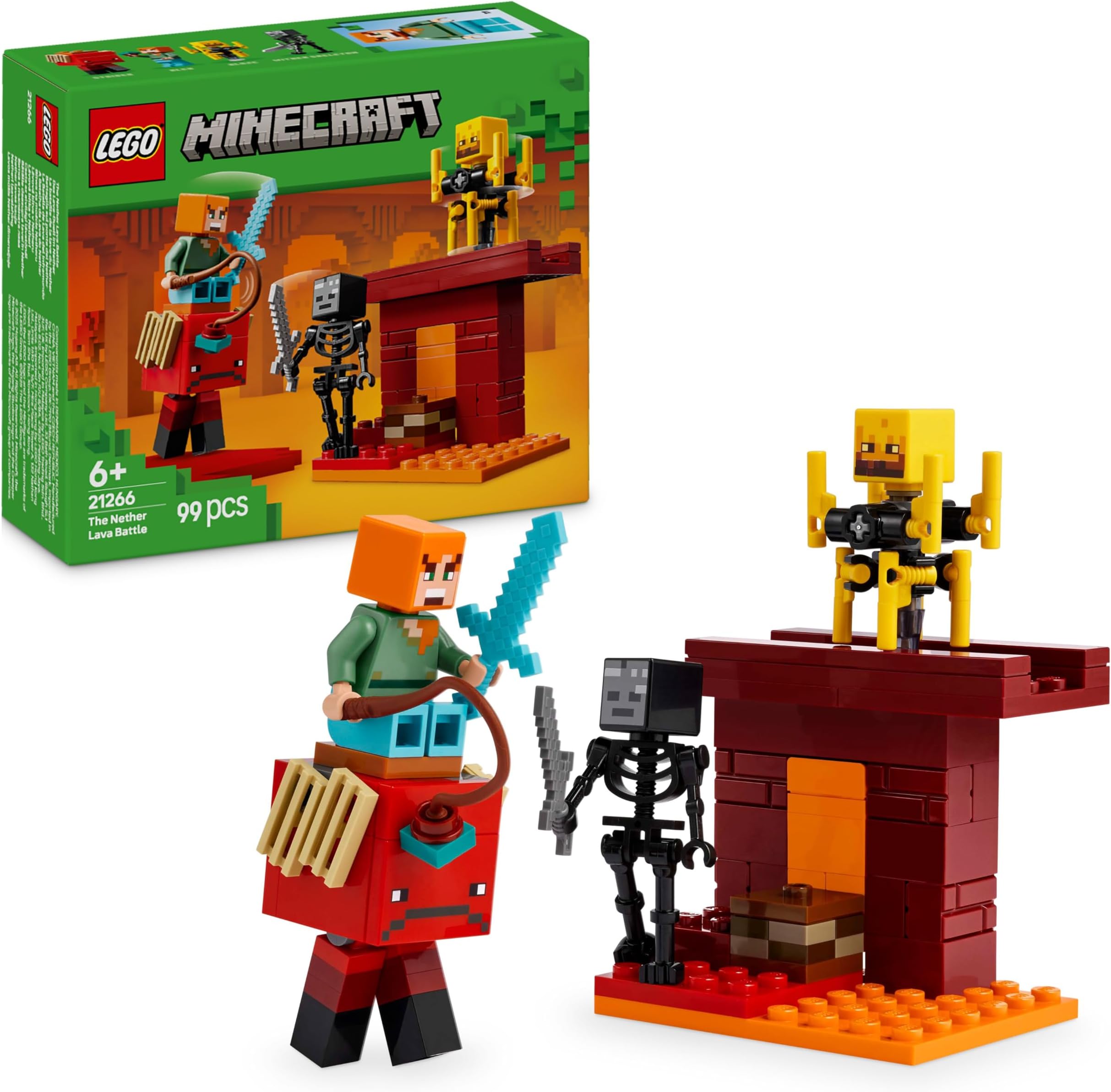 LEGO Minecraft The Nether Lava Battle - Interactive Toy with an Alex Figure, plus Mobs incl. a Skeleton, Blaze and a Strider - Gaming Gift for 6+ Year Old Boys & Girls - 21266