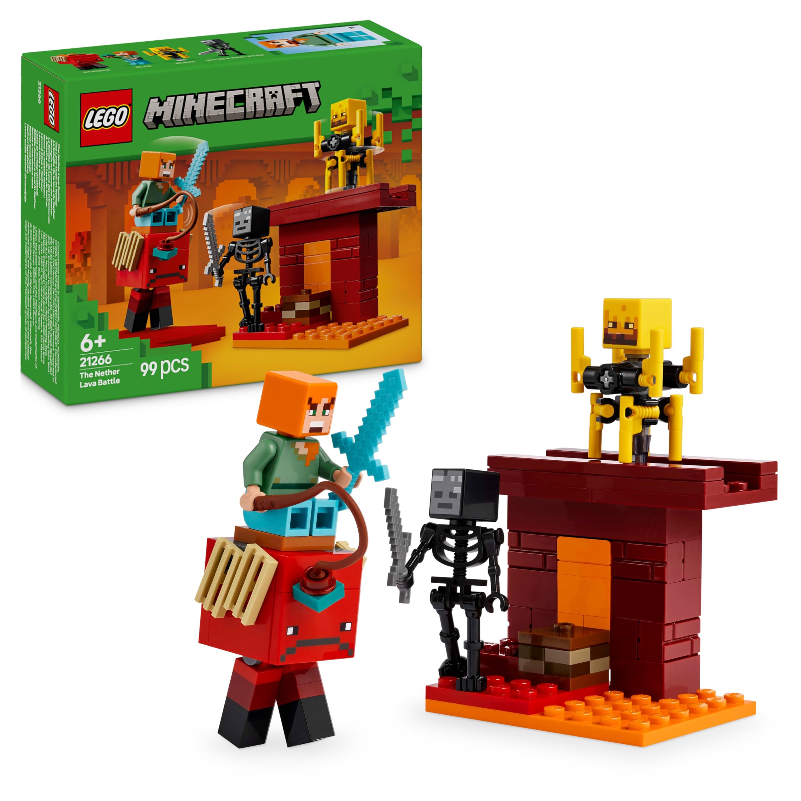 LEGOMinecraft The Nether Lava Battle - Interactive Toy with an Alex Figure, plus Mobs incl. a Skeleton, Blaze and a Strider - Gaming Gift for 6+ Year Old Boys & Girls - 21266