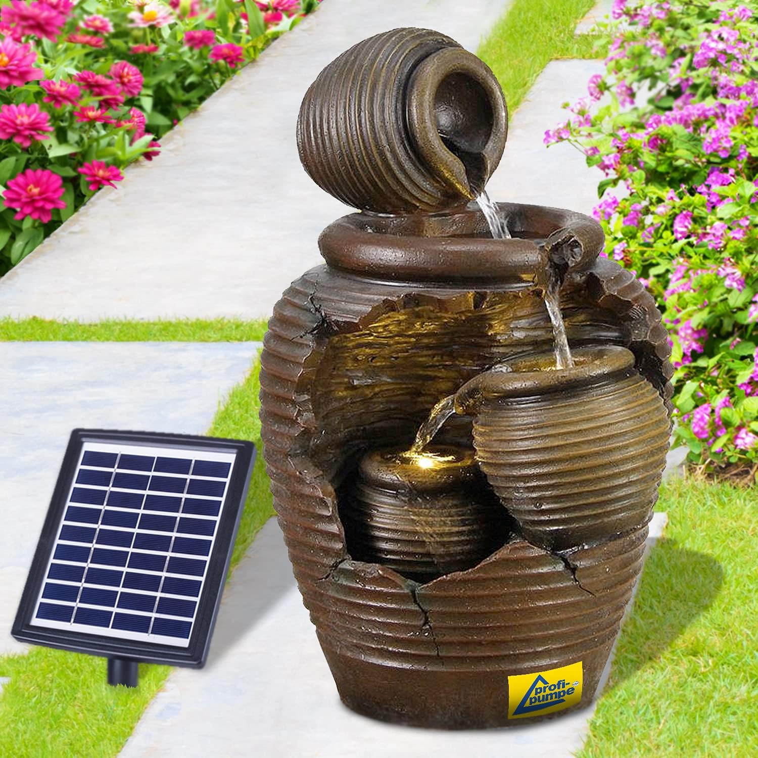 Fontana solare da giardino, fontana solare, 4 anfore con luce LED, fontana decorativa, cascata, luce da giardino, pompa per laghetto per terrazzo, balcone, con pompe