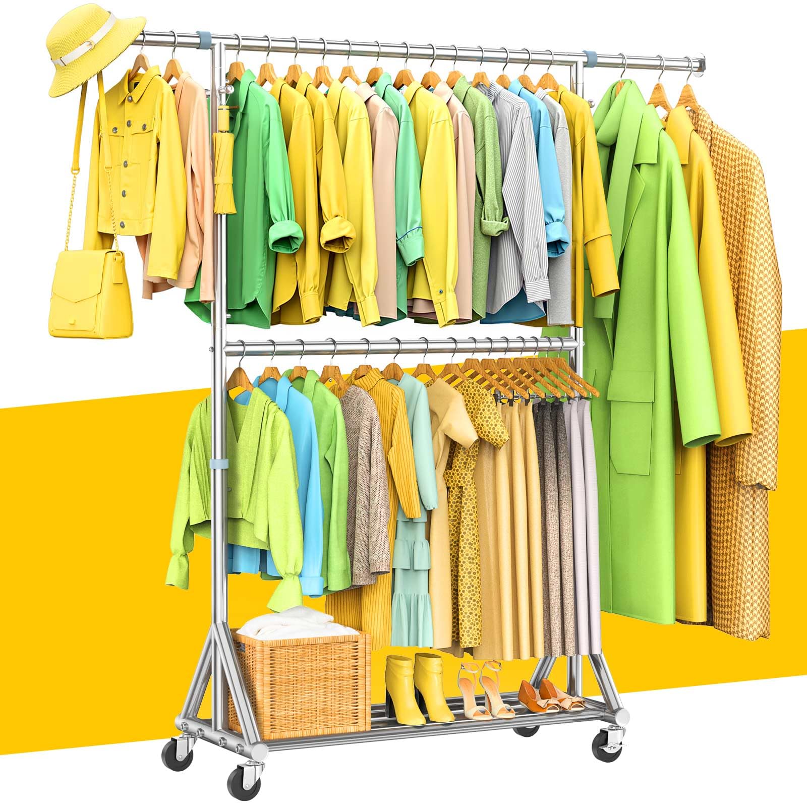 Heavy Duty Double Rods Clothes Rack Load 860LBS, Adjustable Portable Clothing Racks for Hanging Clothes, Rolling Garment Rack With Wheels Shelf, Sturdy Freestanding Closet Rack, 100% Stainless Steel