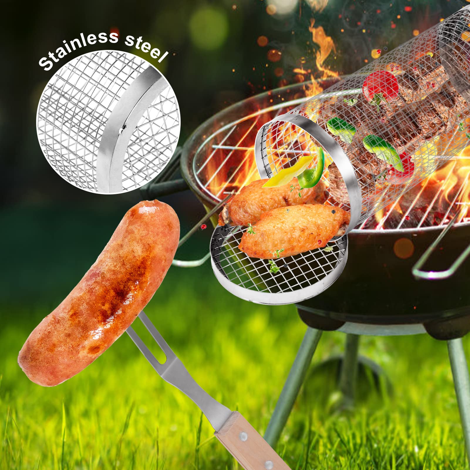 Portable Stainless Steel Grill Basket,Cestini per Grigliare cilindrici per Barbecue per Pesce,gamberetti,Verdure,Accessori da Cucina per Barbecue,S,4PCS