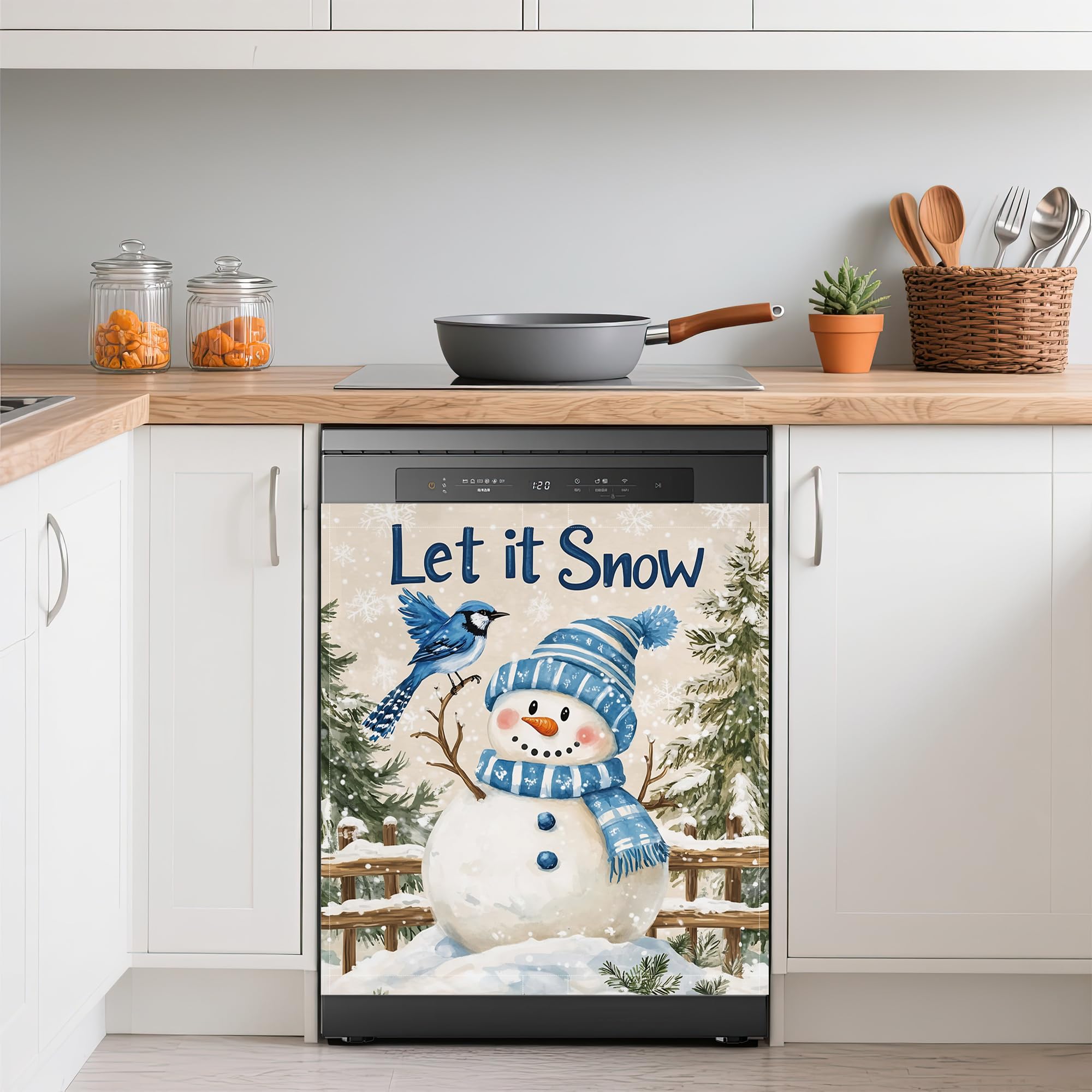 Dishwasher Magnets Decorative Cover,Christmas Snowman Refrigerator Magnet Cover,Washable Winter Blue Bird Dishwasher Front Panel Cover Home Kitchen Decoration 23x26 Inch