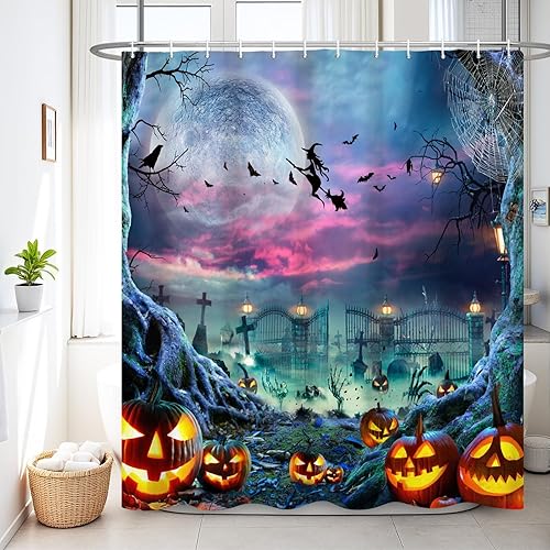 Miniatura 10 de Renaiss Juego de cortina de ducha de Halloween de 72 x 72 pulgadas, diseño de esqueleto, cementerio, puerta de hierro, cortina de ducha de baño,