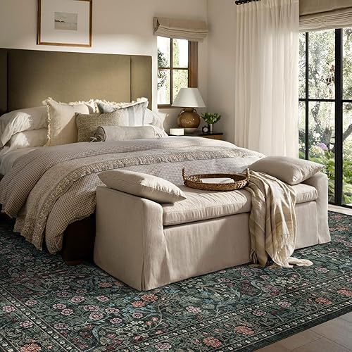 Miniatura 4 de Alfombra floral lavable para sala de estar, alfombra grande de 9 x 12 pulgadas, color negro, verde, bohemio, resistente a las manchas, bohemio,