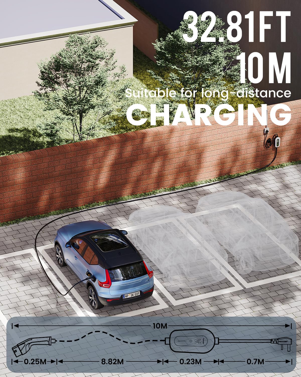 EzGoGo EV Charger Cable Type 2 to 3 Pin Plug 32.81Ft/10M Electric Car Charger 3kW, [6/8/10/13A] Type 2 Charging Cable 3 Pin IP65 Advanced Protection Suitable for EVs & PHEVs — view 3