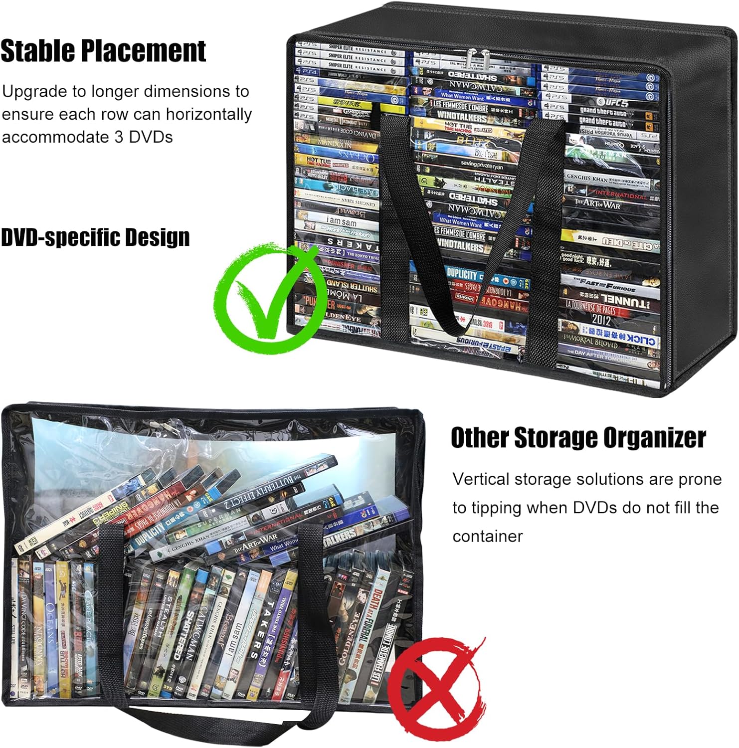 DVD Storage Bags 2 Pack, Updated Bigger Bags Holds 180 DVDs (90 Each), Clear Plastic Organizer with Reinforced Handles for Media, Quilt, Pillow & Clothes Storage - Image 6