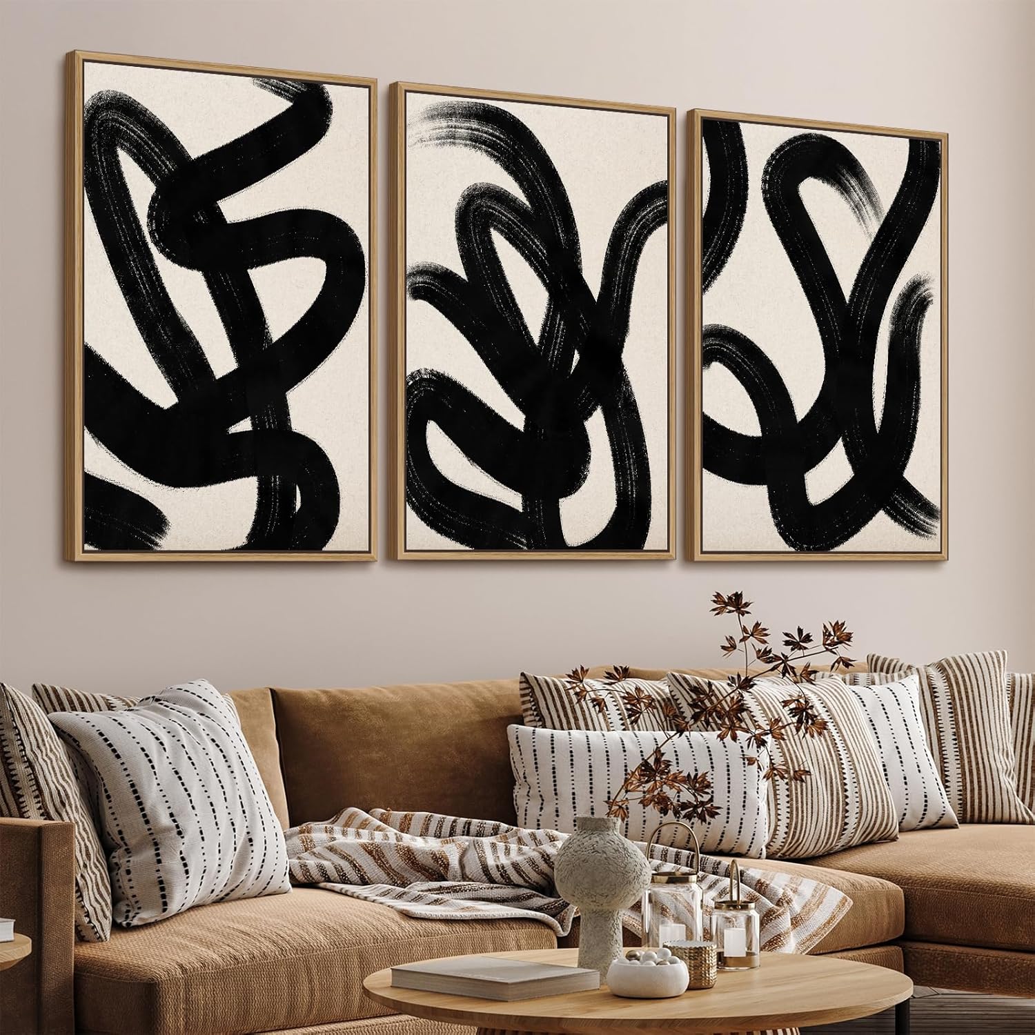 Framed Wall Art Canvas Set Abstract Lines Pictures Modern Mid Century Boho Wall Decor Minimalist Abstract Black Stroke Lines Canvas Painting Artwork Living Room Bedroom Home Office 24"x36"x3 Natural
