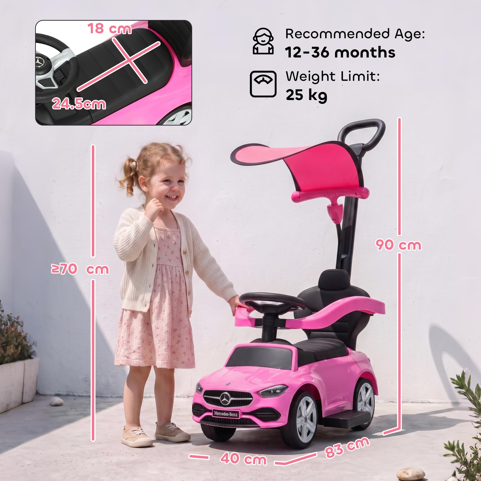 AIYAPLAY Pchacz-jeździk 3 w 1 Mercedes-Benz, z rączką do prowadzenia, daszkiem, barierkami, klaksonem i muzyką, schowek, 12-36 miesięcy, różowy