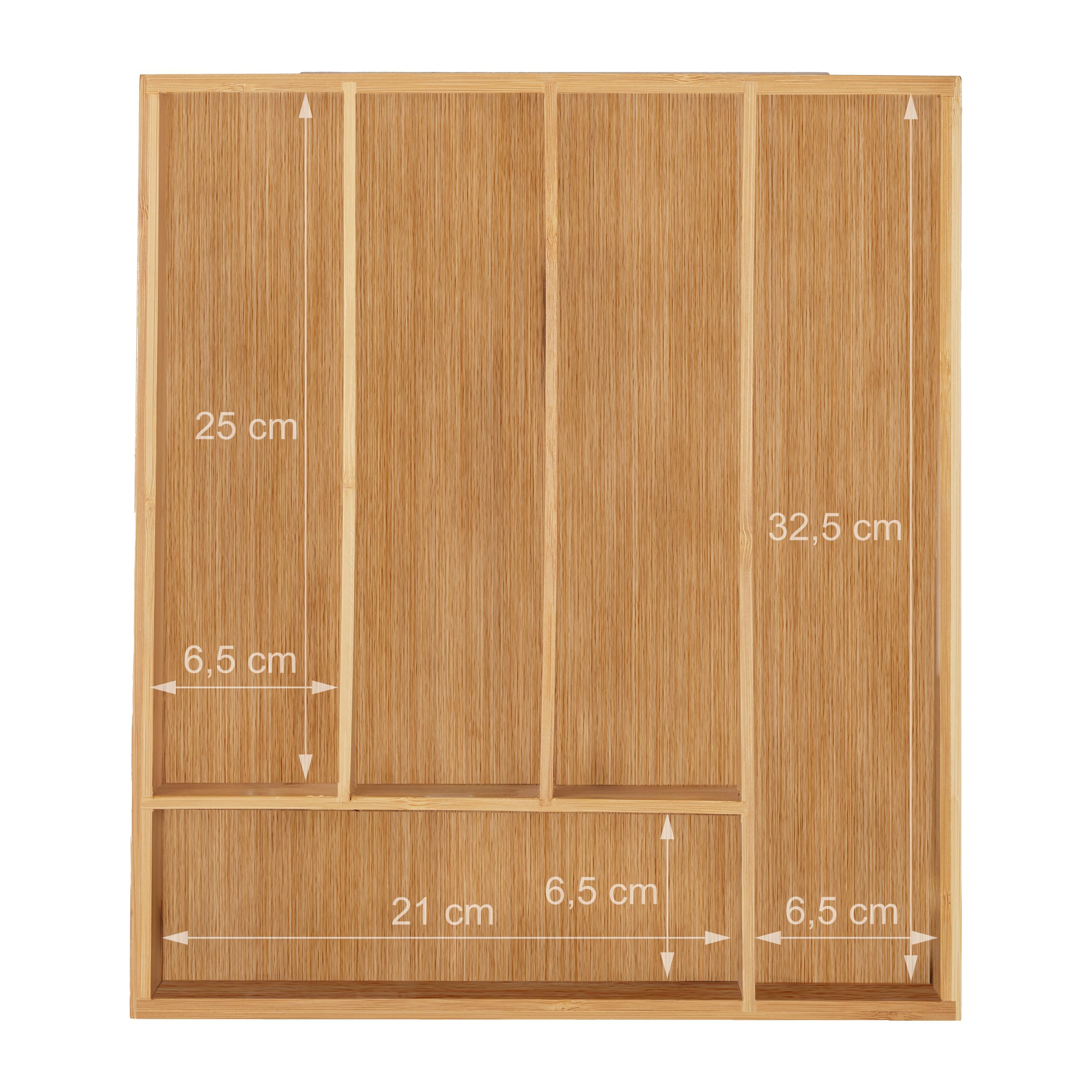 Relaxdays Range-couvert, lot de 2, 5 compartiments, bambou, petit organiseur de tiroir pour ustensiles, HLP 5 x 30 x 34 cm, nature