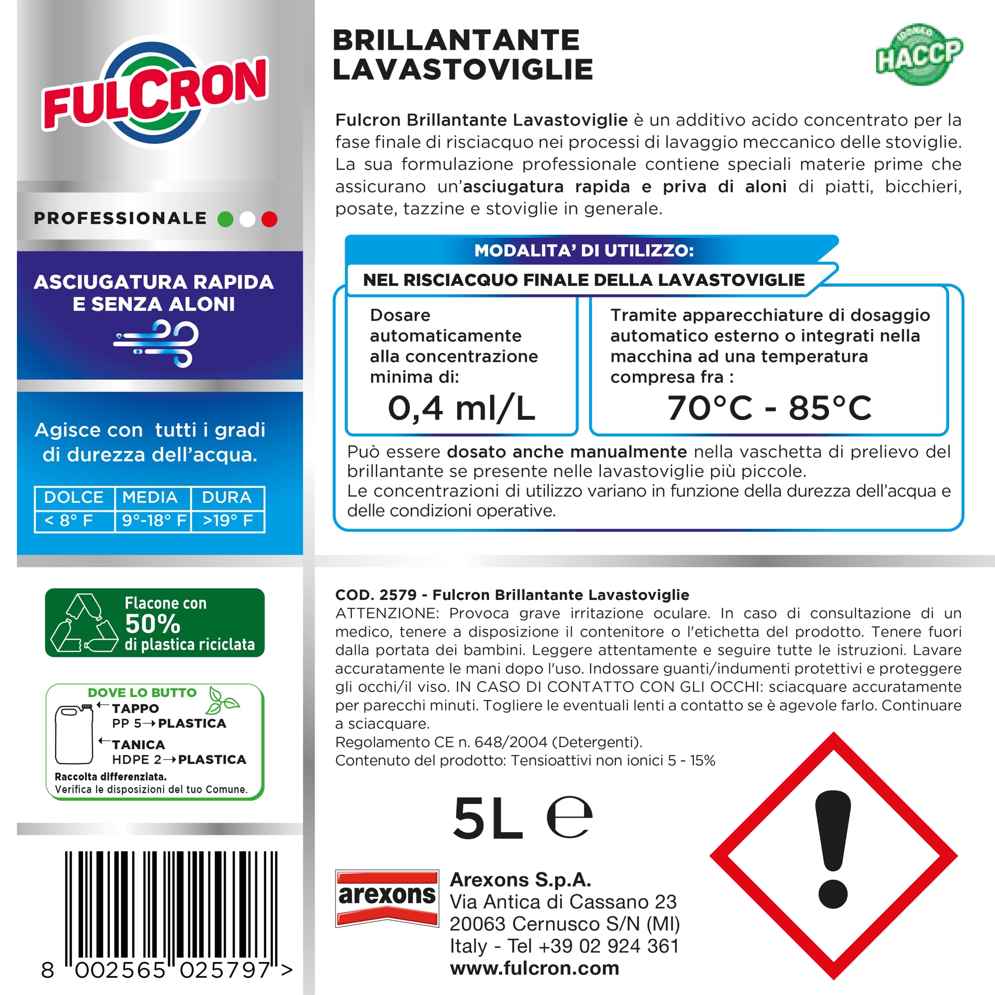 FULCRON Brillantante Lavastoviglie, Additivo Acido Concentrato, Assicura Un'Asciugatura Rapida e Senza Aloni, 5 L, Liquido