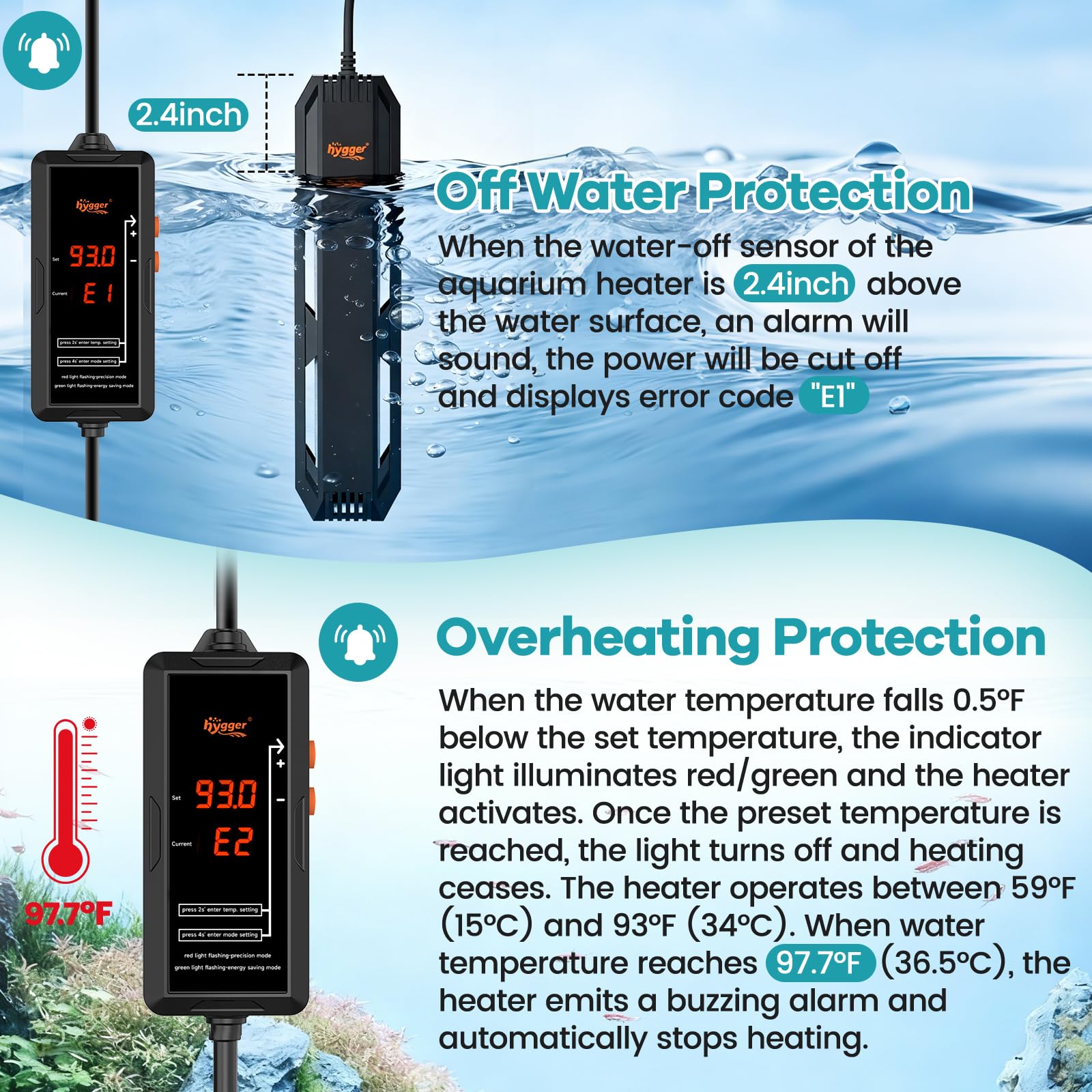 hygger Riscaldatore per acquario, 300 W/500 W/800 W/1000 W, riscaldatore sommergibile per acquario, riscaldatore sommergibile con regolatore di temperatura, allarme di protezione contro l'acqua dolce
