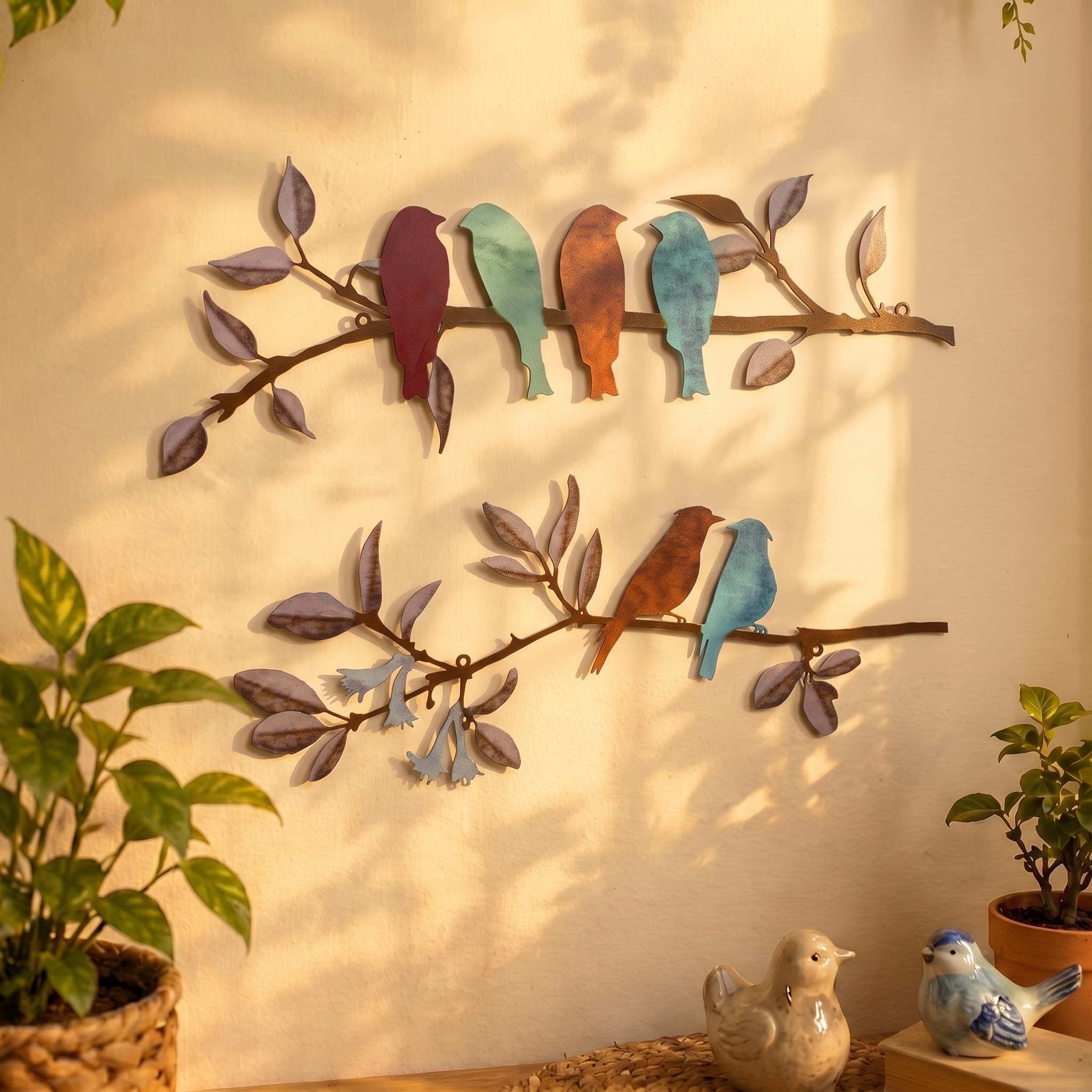 2 Pcs Metal Birds Wall Art Vivid On Branch Decor Hanging Leaves With Outdoor Rustic Bird Leaf Or Balcony Garden Indoor Decor(Colorful)