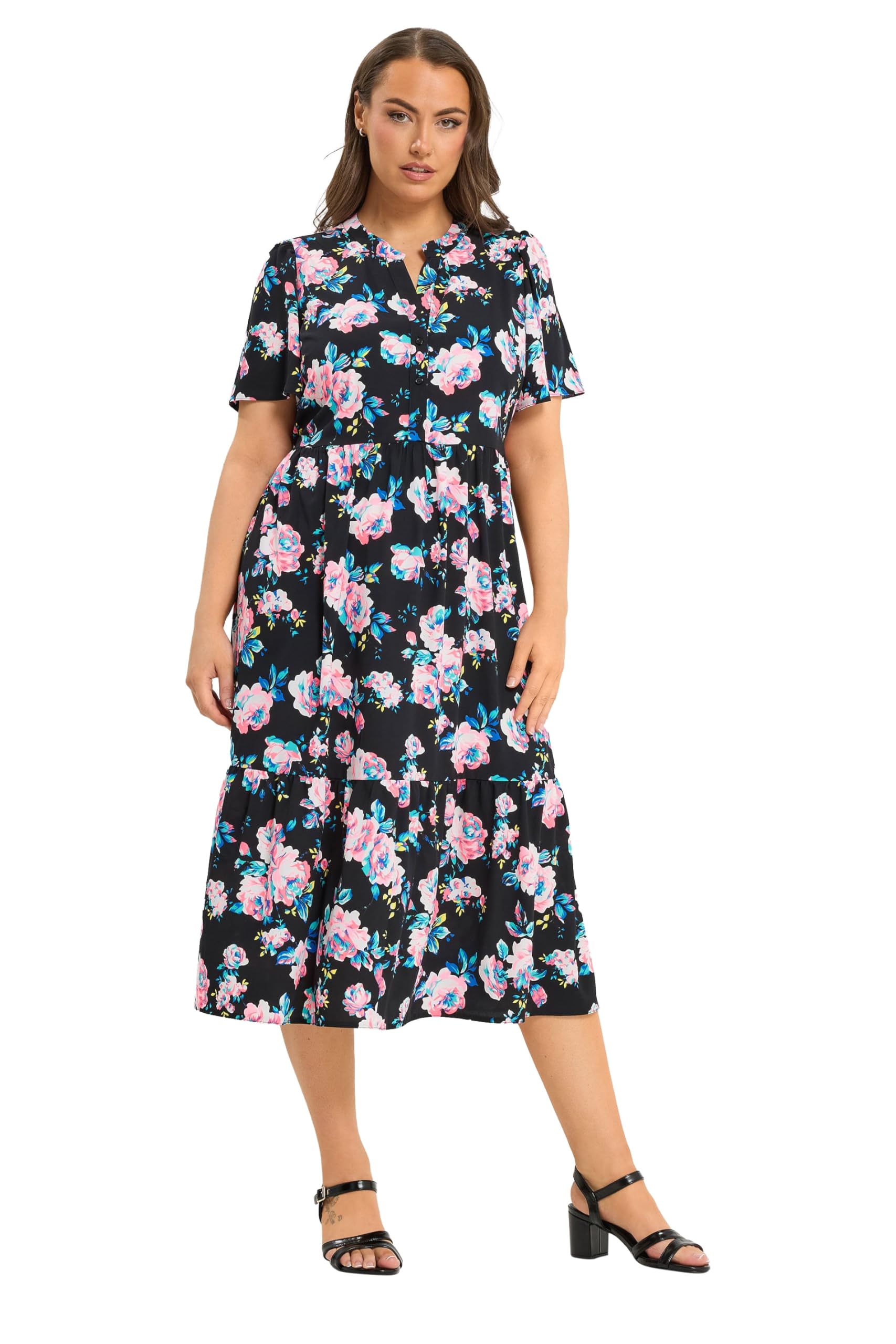 Yours Women's Black Floral Half Placket Dress In | Size: 20