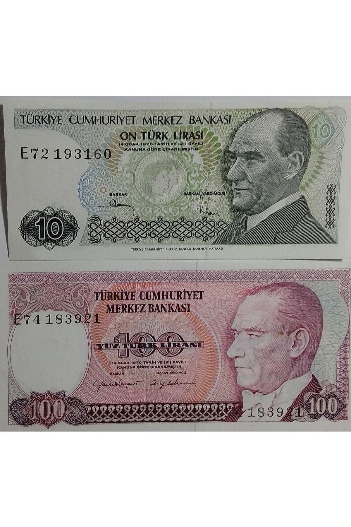 E Serisi 7. Emisyon 10 ve 100 Türk Lirası Eski Koleksiyon Kağıt Para. Hatıra Para.