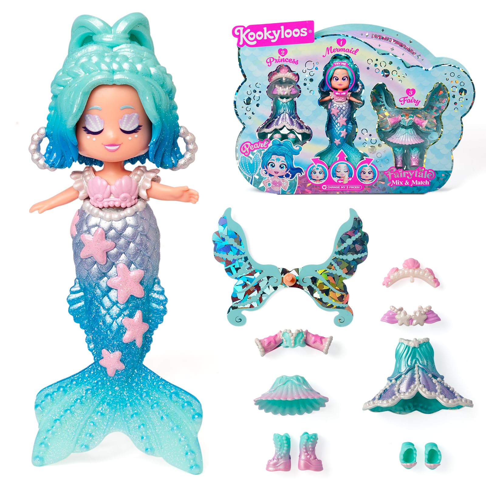 KOOKYLOOS FAIRYTALE MIX and MATCH PEARL - 3 in 1 fantasy themed doll, Contains 1 doll, 1 princess outfit, 1 mermaid outfit and 1 fairy outfit, Turquoise