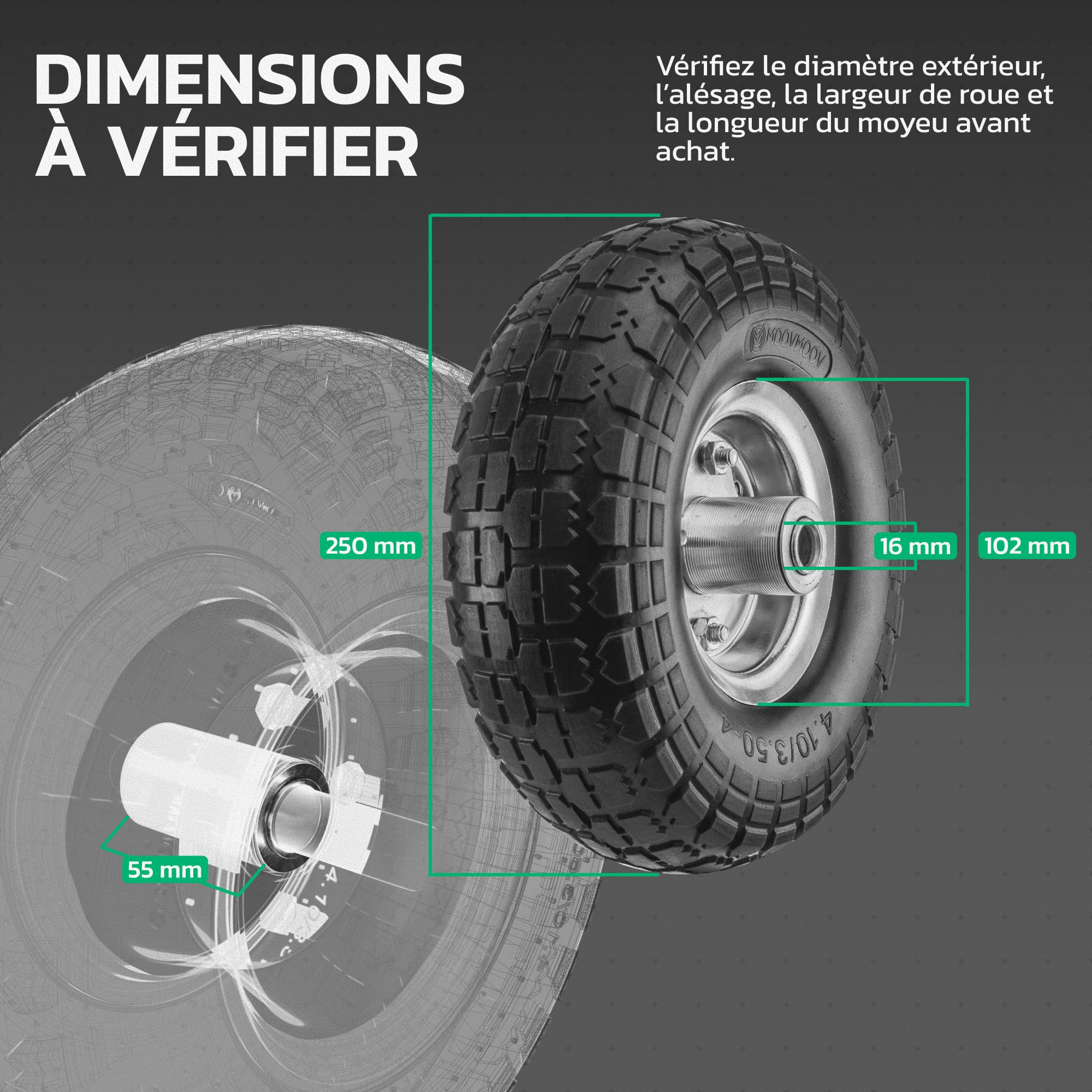 MOOVMOOV Roue Increvable 4.10/3.50-4 (x2) Alésage pour Axe 16mm - Moyeu Déporté 55mm - Pour Diables, Brouettes, Chariots, Etc. - Inclus Bague de Verrouillage + Calotte Autobloquante