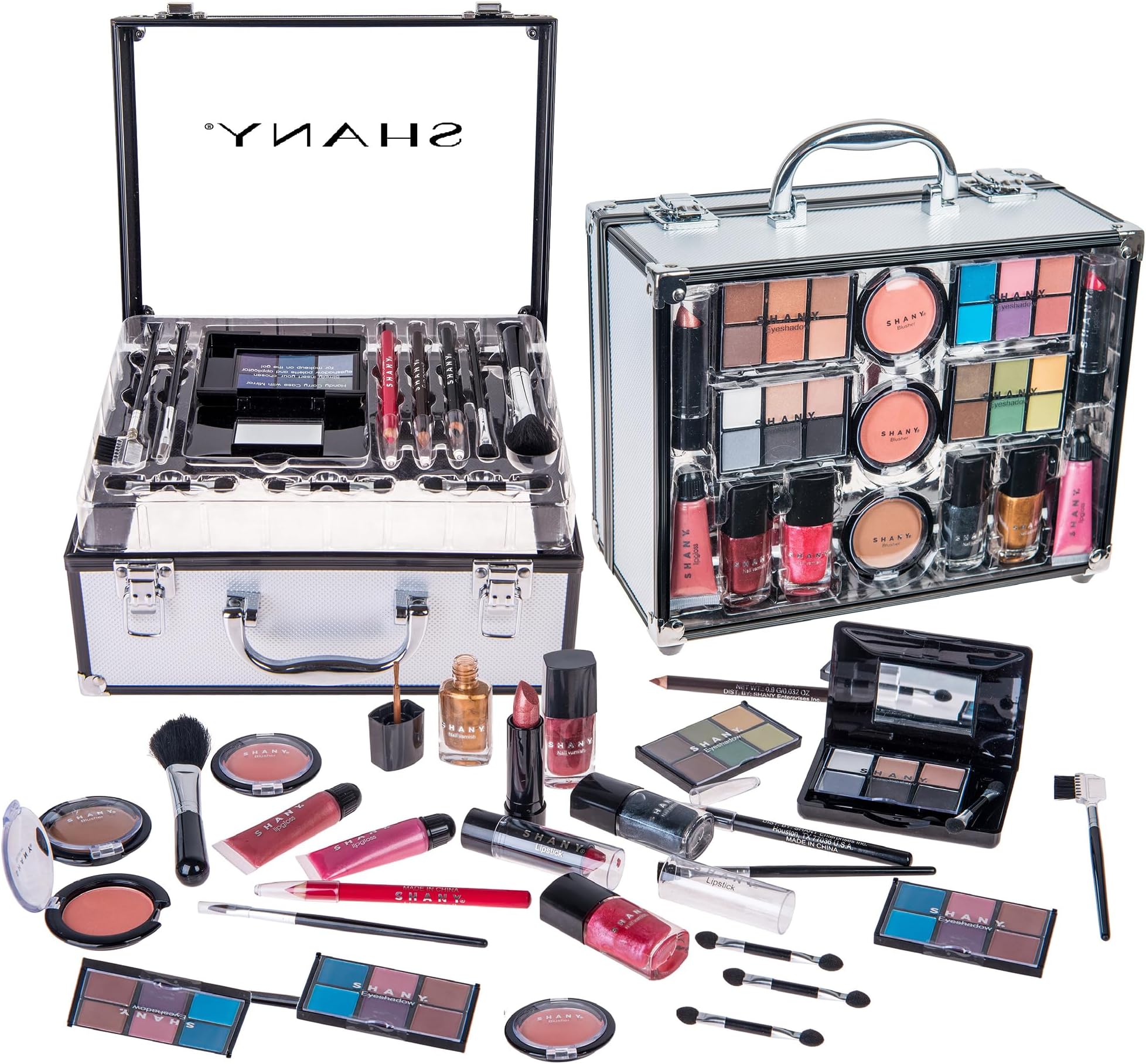 SHANY Carry All Trunk Makeup Train Case with Re-usable Aluminum Beauty Storage Organizer Case. Make up Set with Eye palettes, Blushes,Face Powders, Manicure, Pedicure and Cosmetics Brushes. GIFT SET