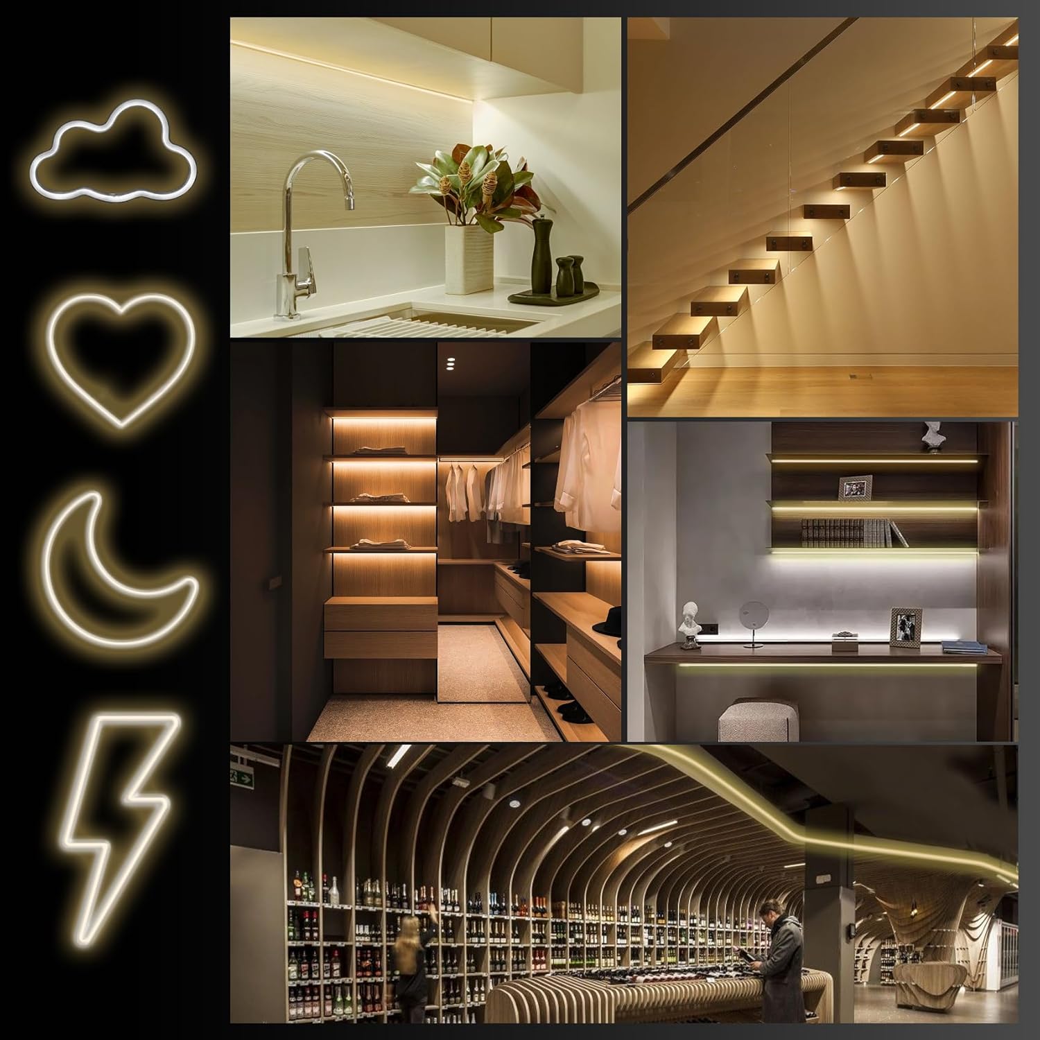 Collage of various indoor settings illuminated by HOUHUI LED Neon Rope Lights.