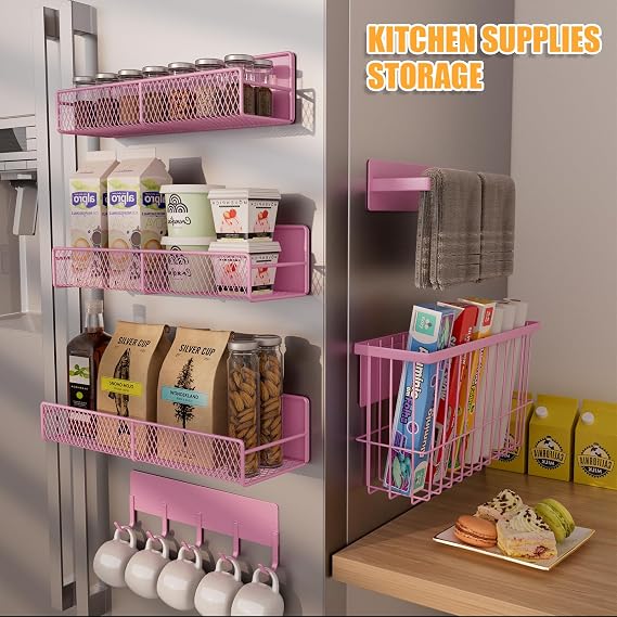 DTUQYX 6 Pack Magnetic Shelves for Washing Machine, Magnetic Spice Rack Organizer for Refrigerator, Magnetic Shelf with Hanger Organizer, Metal Magnetic Basket, Laundry Organization and Storage, Pink