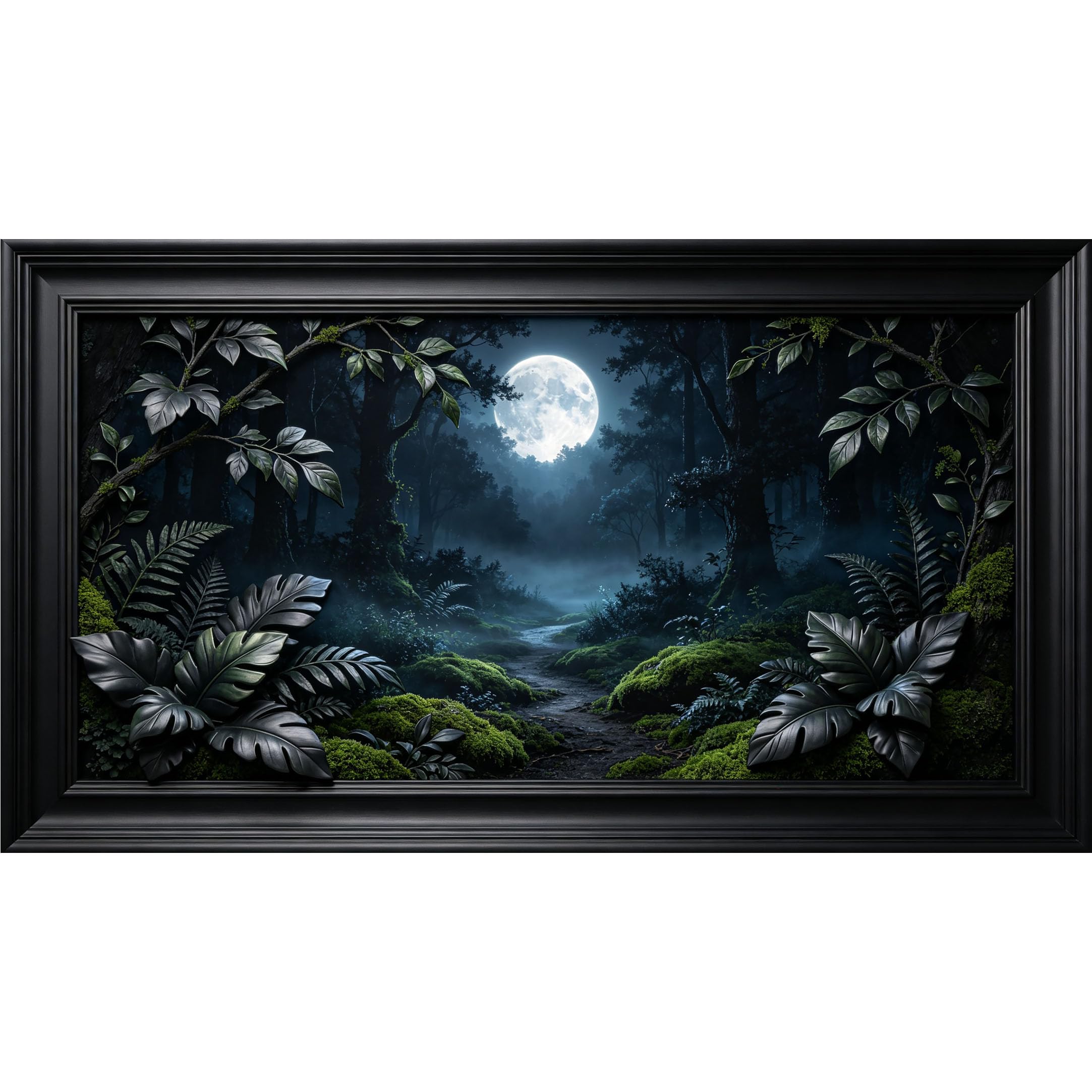 QZLITHOTIC 50x90cm3D Framed Wall Art， Moonlit Forest Path Botanical Landscape SelfAdhesive Mural， WaterActivated Peel & Stick Fabric Decor Wall Decal for Bedroom Living Room