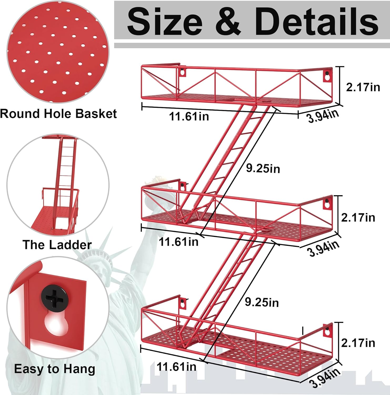 Fire Escape Shelf - 3 Tier Red Fire Escape Wall Shelf with Basket Wall Organizer, New York Metal Decorative Shelves, DIY Floating Action Figurine Display Shelf for Bedroom