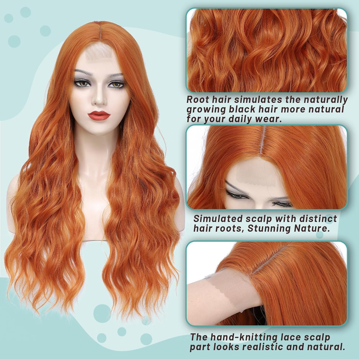 YESEGO Long Halloween Orange Ginger Curly Wavy Wigs for Women 26 Inch Lace Front Wig Middle Part Wig Heat Resistant Fiber Natural Body Wave Wigs For Daily Cosplay Party Use