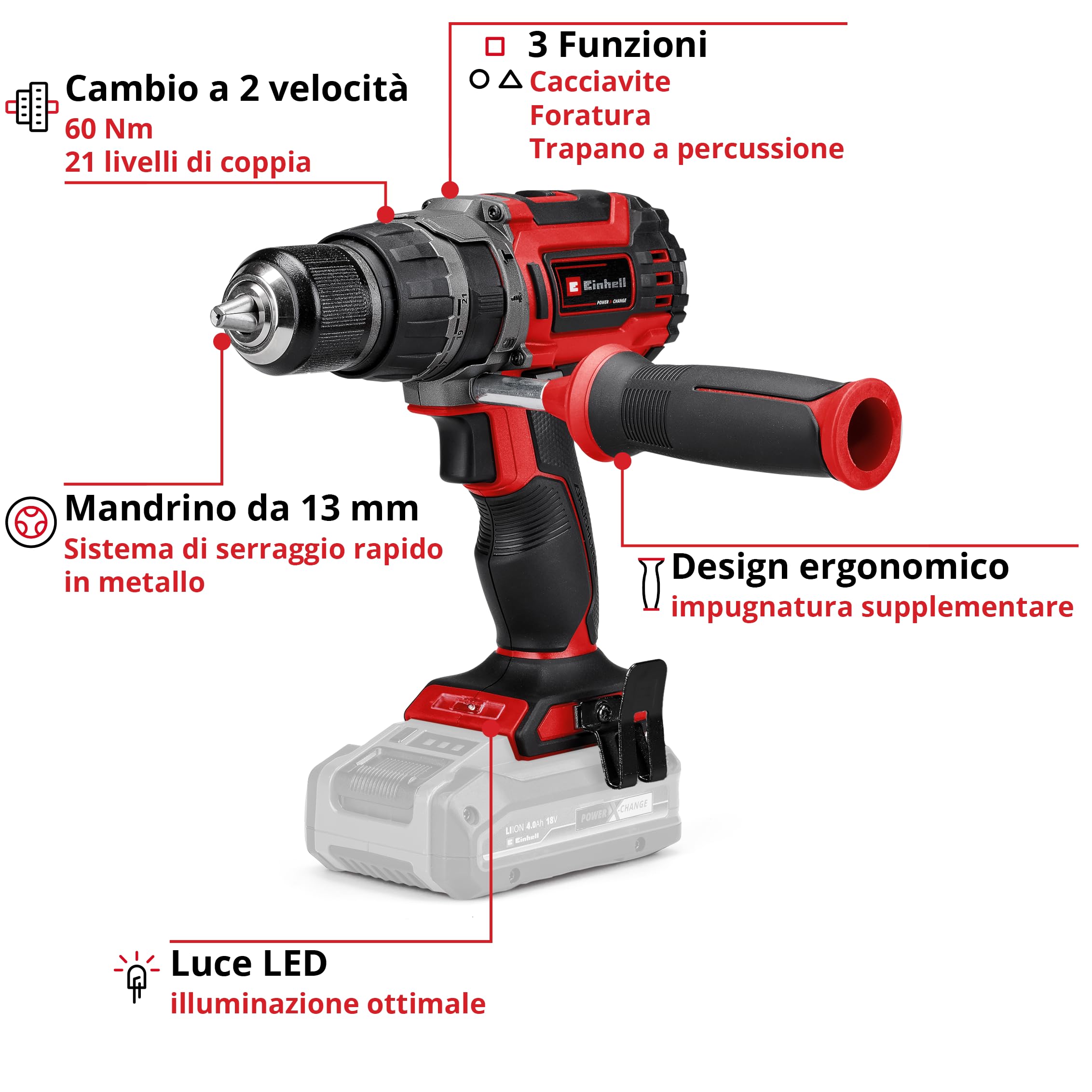 Einhell Professional Trapano a percussione a batteria TP-CD 18/60 Li-i BL Solo PXC (ioni di litio, 18 V, motore senza spazzole, 60 Nm, 32.000 colpi al minuto, senza batteria e caricabatteria)