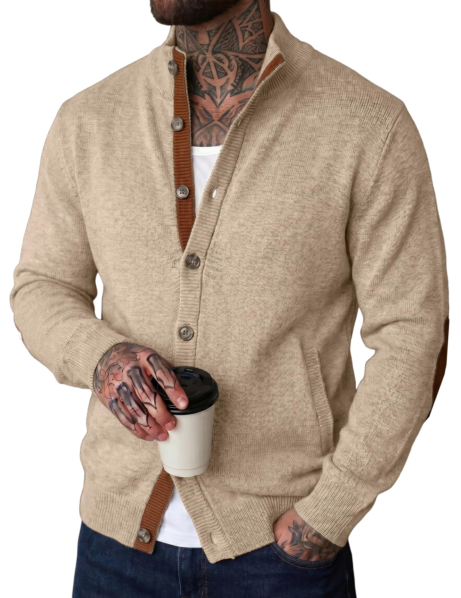 JMIERR Herren Strickjacke Lederpasse Pullover