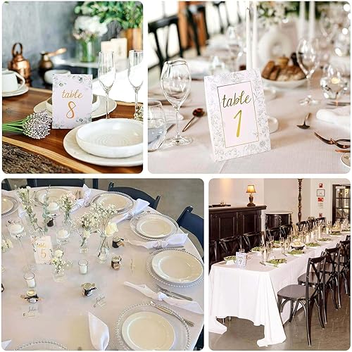 Miniatura 5 de Efavormart - Paquete de 25 números de mesa de boda de papel blanco y azul de doble cara con impresión de números florales y dorados, tarjetas de