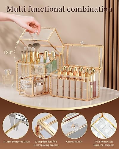 Miniatura 4 de Juego de organizador de maquillaje de cristal, organizador de tocador con organizador de lápiz labial de 18 ranuras y soporte para brochas de