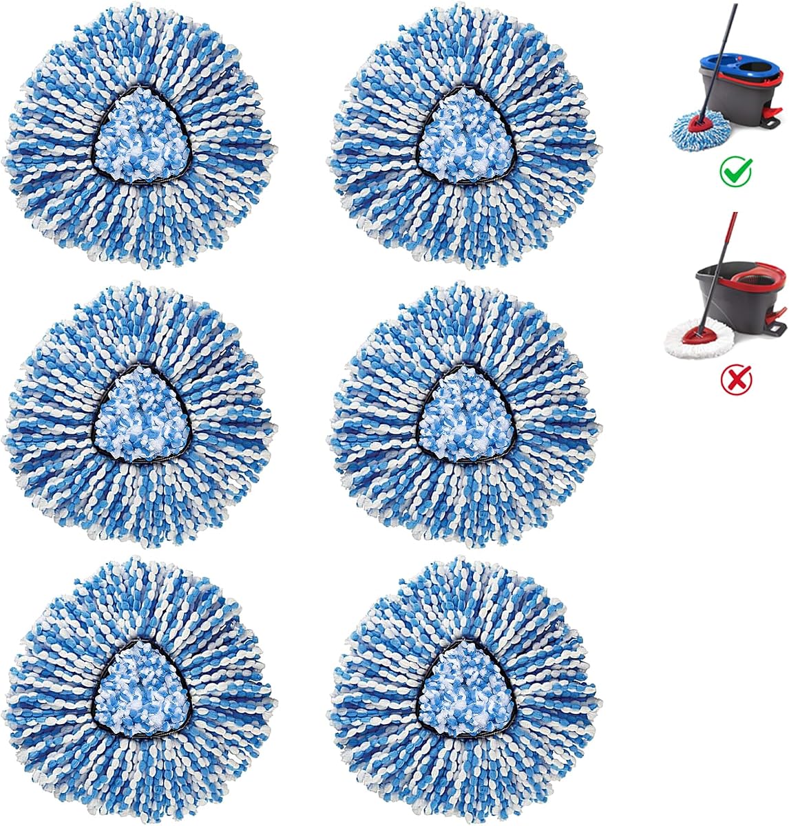 Repuestos de cabezales de fregona de 2 tanques para sistema dual O-Ceda RinseClean, recambios de microfibra, cabezal de repuesto para fregona de fácil limpieza, color azul, paquete de 6