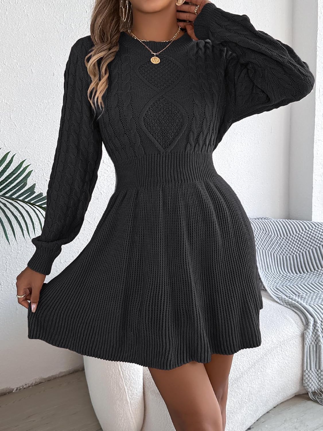 Fall Long Sleeve Crewneck Short Sweater Flared Dresses for Women Winter Casual Solid Color Waist Cinched Dress - Image 5