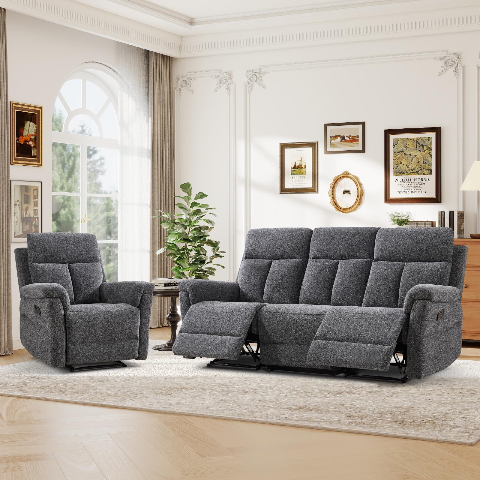 ANJ 2-Piece Manual Recliner Sofa Set, Recliner Chair and 3 Seat Reclining Sofa with Overstuffed Backrest and Supportive Backrest, Fabric Reclining Couch Set for Living Room, Dark Grey