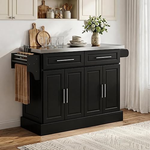 Miniatura 8 de HomCom Isla para cocina. Gabinete moderno con ruedas, con parte superior de acero inoxidable., Negro