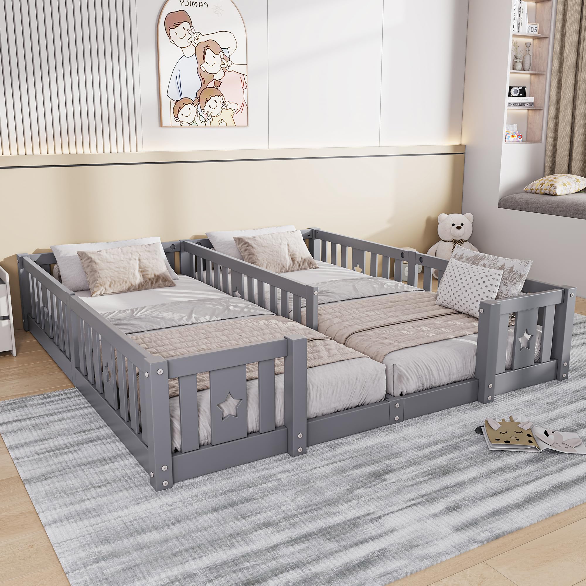 Letto a Terra 90x200 cm, Letto per Bambini a Terra con Barriera, Letto Montessori, Legno Massiccio, Letti Doppi, per Camera di Ragazzi e Ragazze, senza Materasso (Grigio A, 188 * 206 * 40)