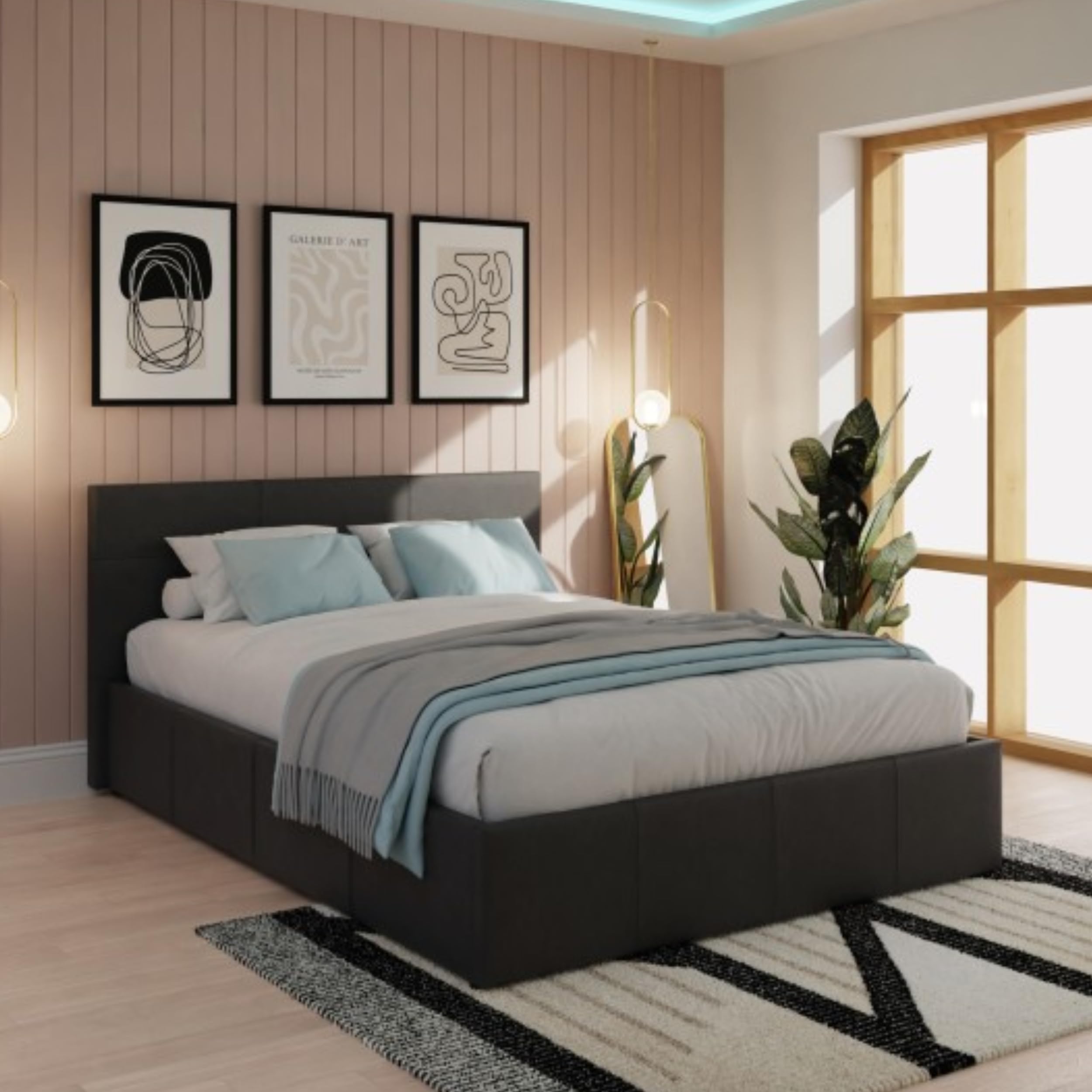 GFW Leather Classic Upholstered Ottoman Storage Bed With Gas Side Lift & Under Bed Storage, Double, Black