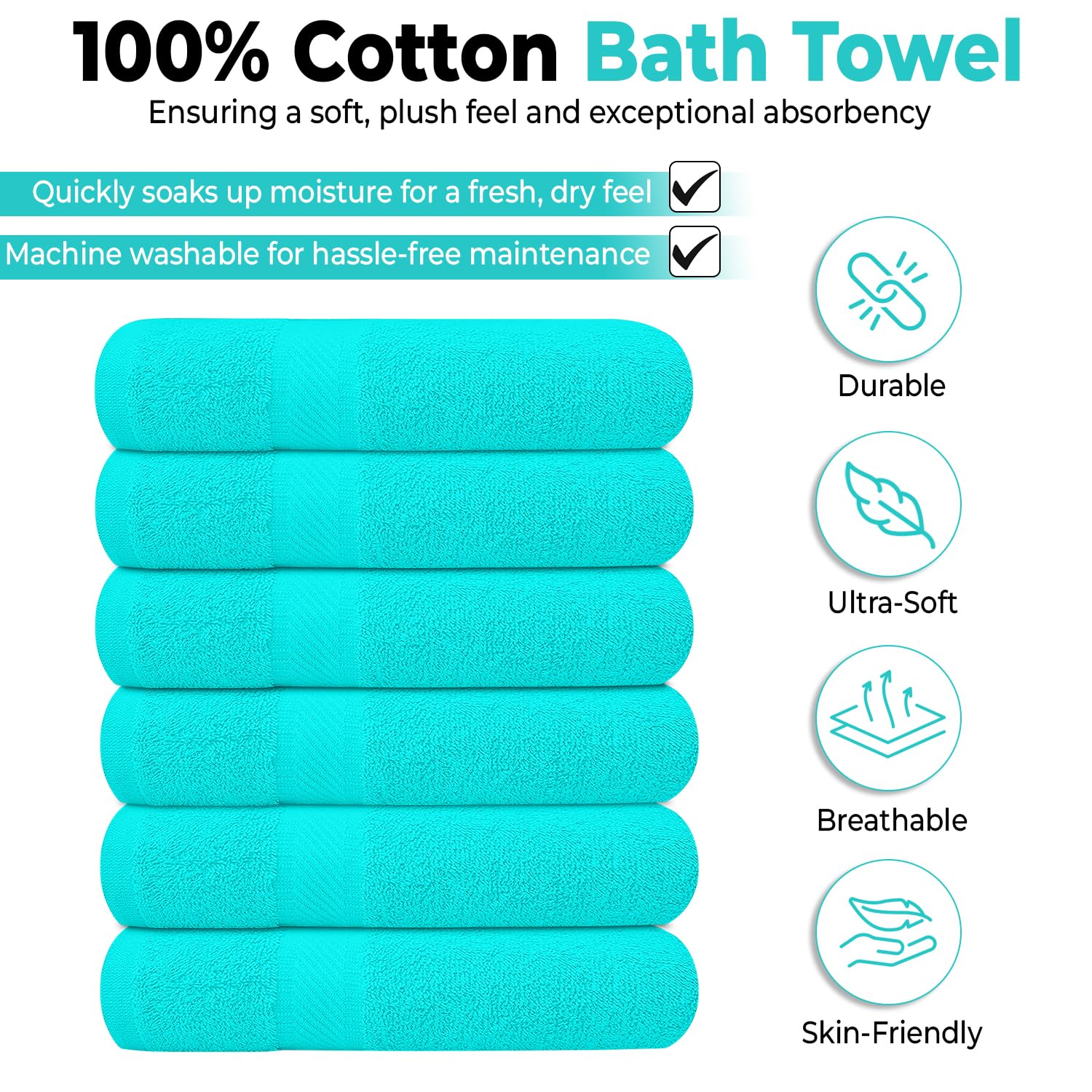 KAHAF COLLECTION Pack of 6 Bath Towels 27 x 54 Inches, 100% Cotton, Larger & Lighter Weight, Quicker to Dry, Super Soft and Absorbent, Perfect for Bathroom (Aqua, Pack of 6 (27''x54''))