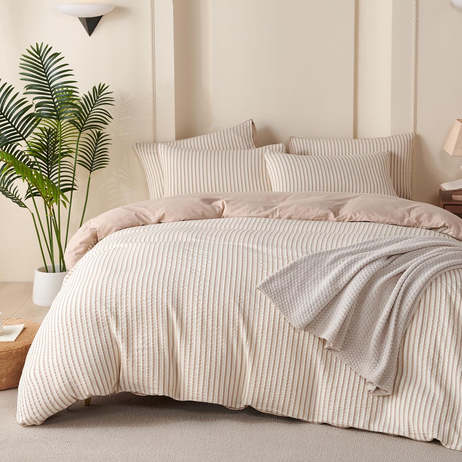 Photo 1 of BUPIRD Queen Comforter Set Striped Beige 100% Soft Washed Microfiber Jacquard 3 Pieces Striped Bedding Sets Beige White Comforter for All Seasons and 2 Pillowcases Comfort Breathable