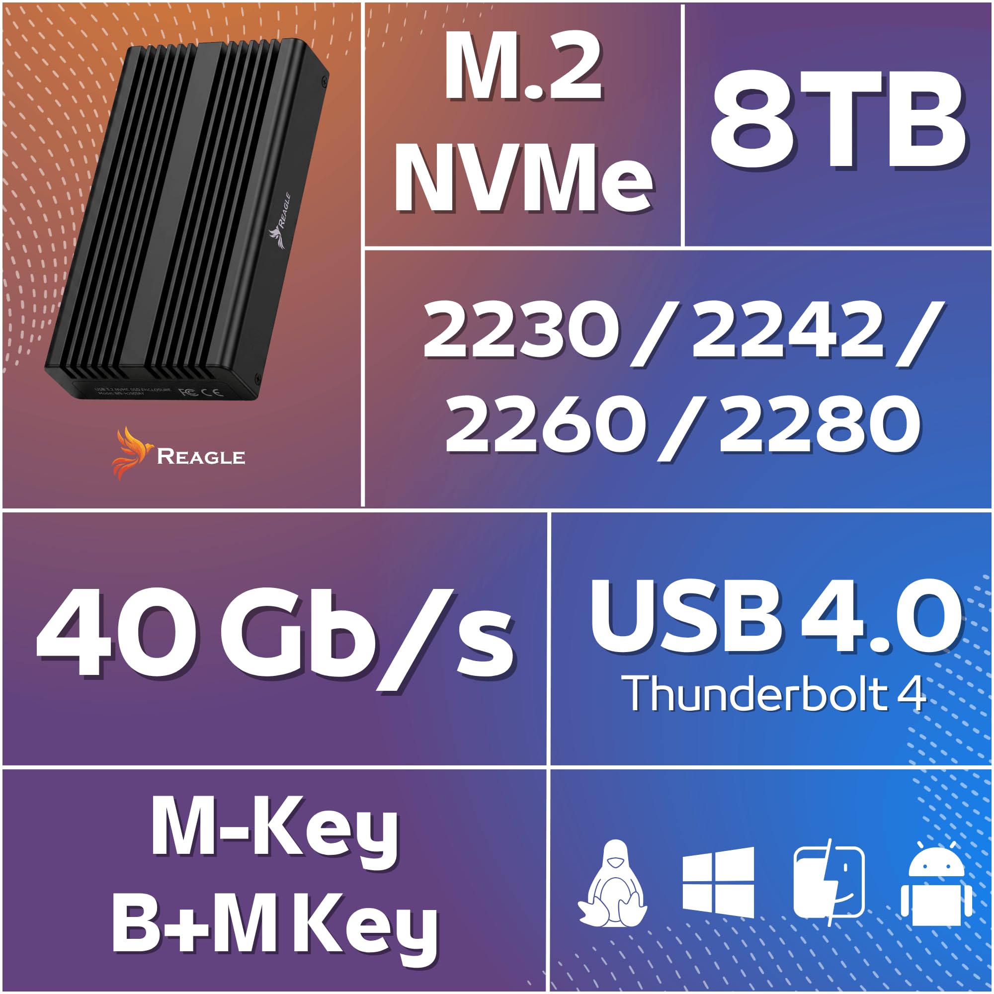 Reagle USB4 M.2 NVMe SSD Gehäuse 40 Gbit/s, kompatibel mit Thunderbolt 4/3, für PCIe M-Key/B+M-Key 2230–2280 bis 8 TB, ASM2464PD, Aluminium, USB-C, Schwarz