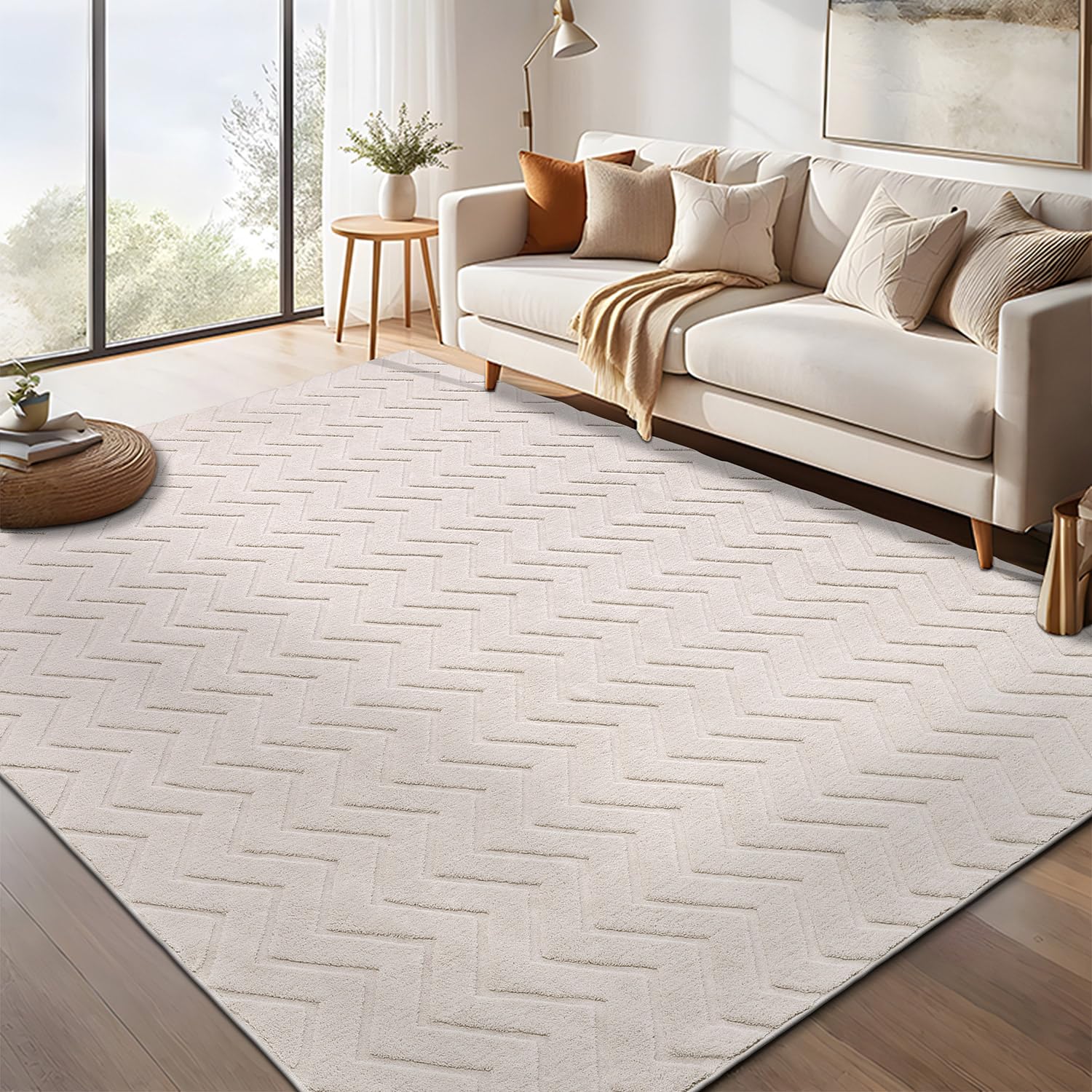 SHACOS Alfombra Grande Beige 160x230cm para Salón de Pelo Corto Moderna Alfombra Antideslizante Pie de Cama Dormitorio Alfombra Bohemia Habitación Suave Alfombra Decorativa para Sala de Estar OEKO-TEX STANDARD 100