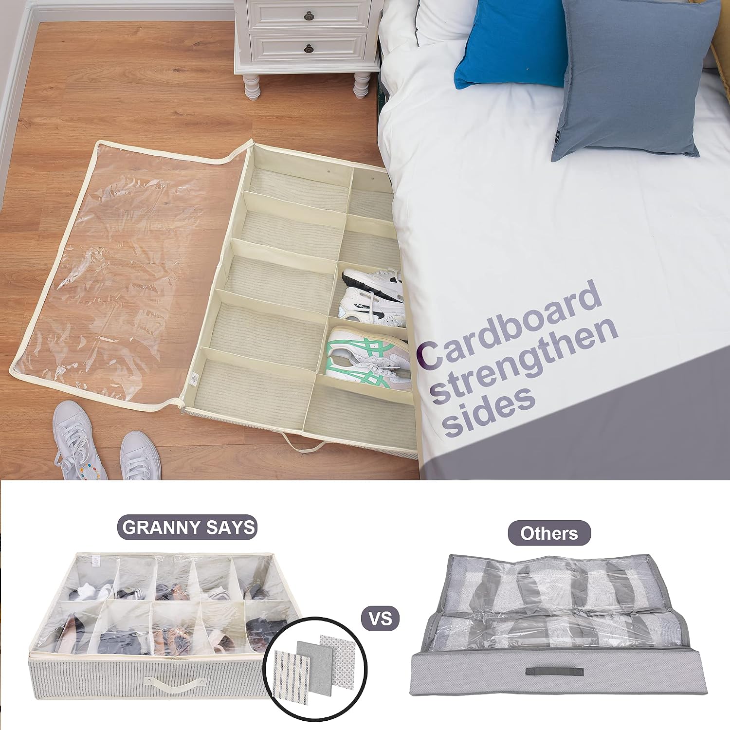 GRANNY SAYS Under Bed Shoe Storage Container, Breathable Under Bed Storage Bags with Zippers and Handle, Dividers Shoe Storage Bin Solution, White with Black Stripes, 2-Pack