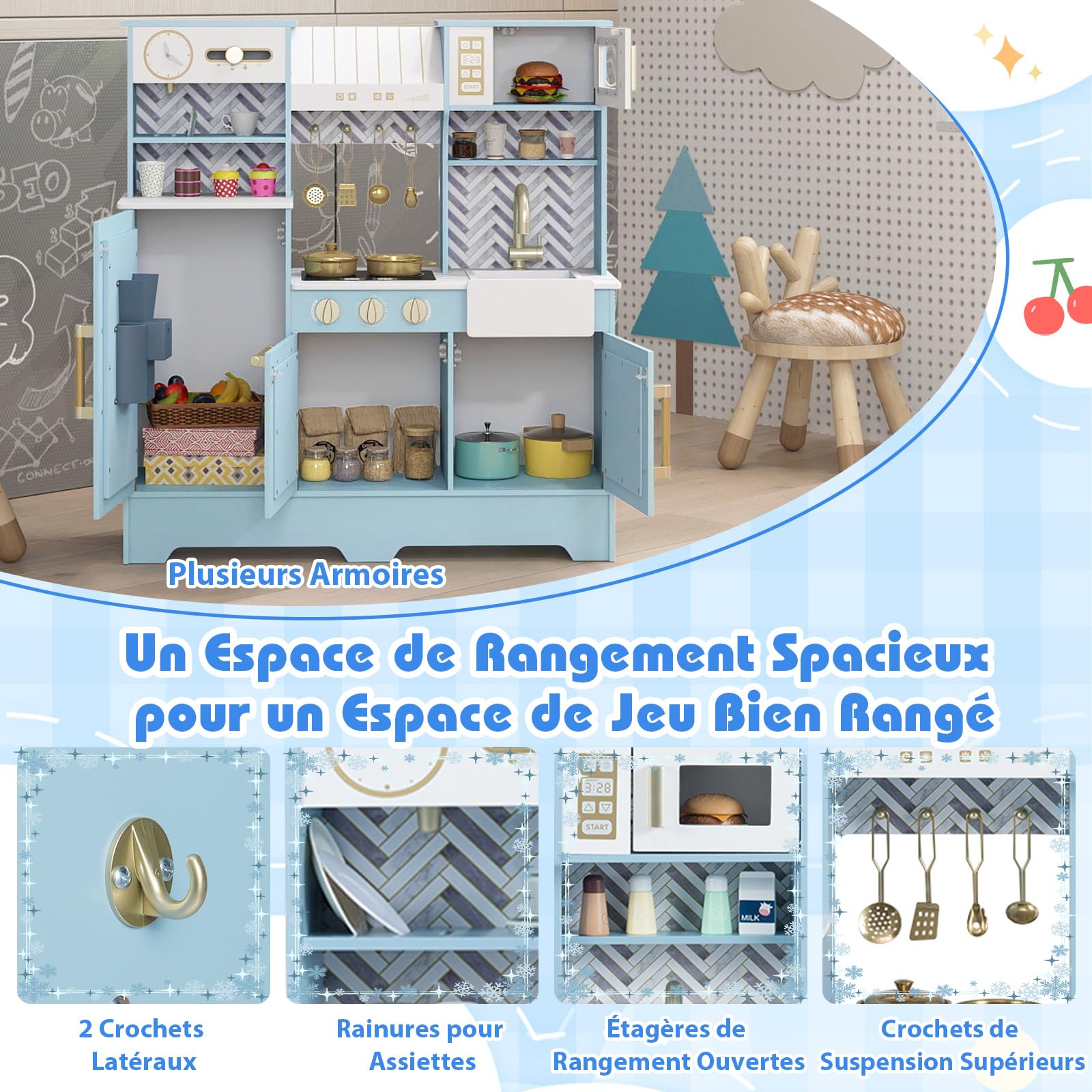 COSTWAY Cuisine Enfant avec Machine à Café & Machine à Glaçons, Cuisine en Bois Enfant avec Son Réaliste & Hotte & 10 Accessoires, Micro-Ondes, Armoires, Jeu de Simulation pour 3-6 Ans