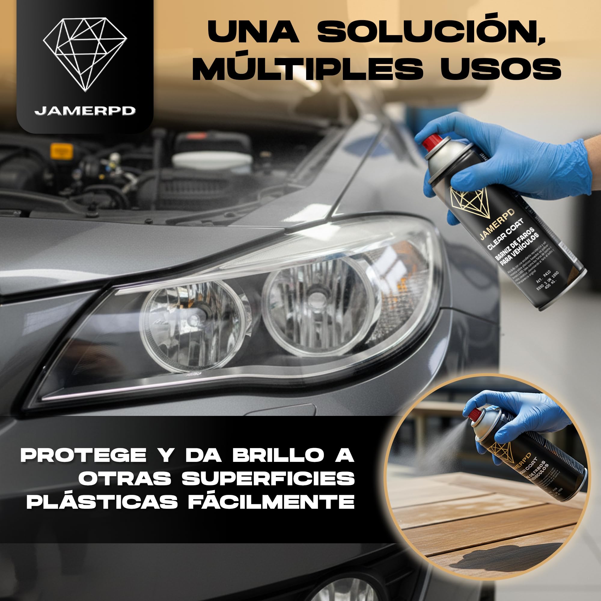 JAMERPD Pulir Faros Coche con Barniz Faros Coche - Alto Brillo y Excelente Resistencia - Adherencia sobre Plásticos - Devolviendo el Brillo y Transparencia Original de los Faros - 400 ml