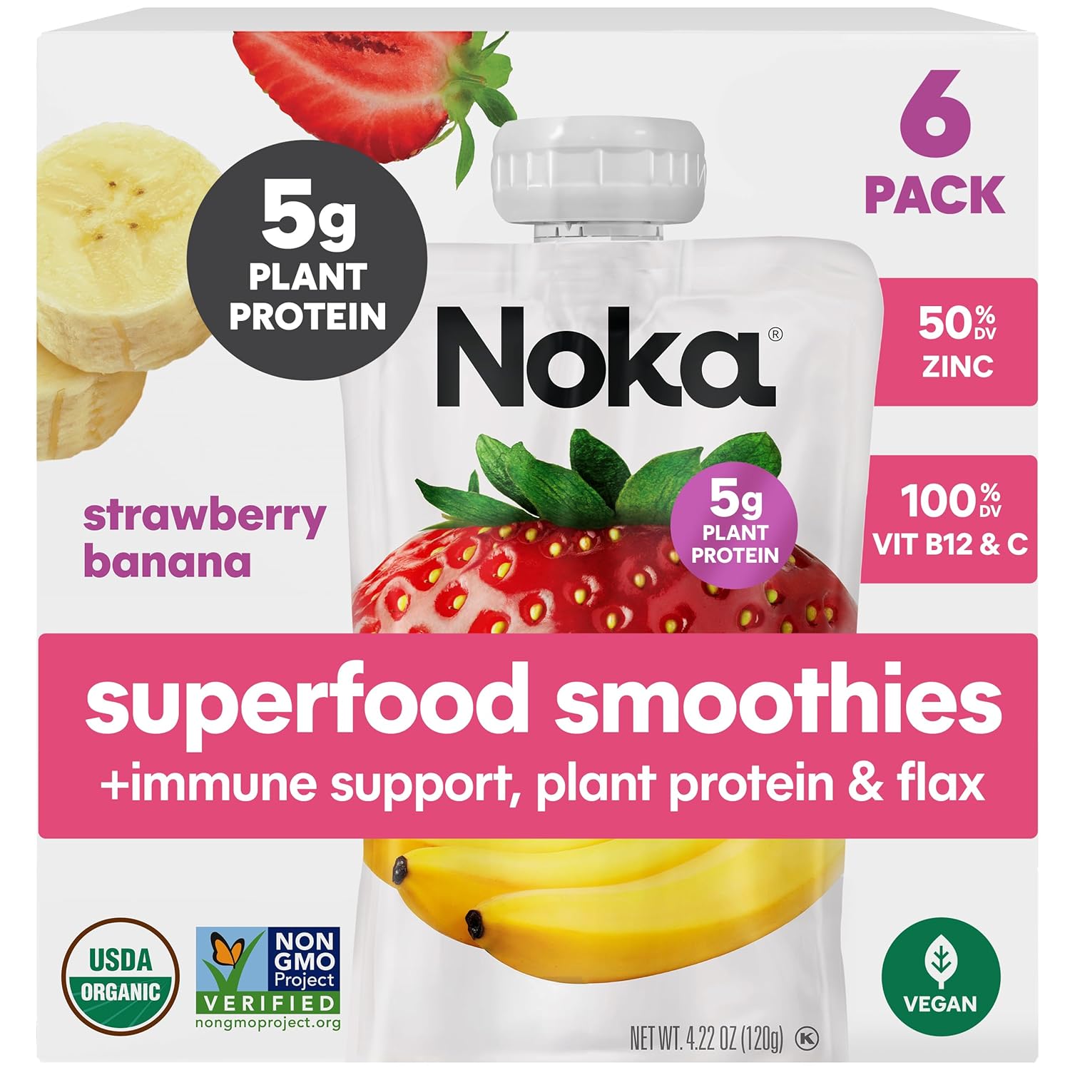 Noka Organic Superfood Fruit Smoothie Pouches, Strawberry Banana with Immune Support, Healthy Snacks with Elderberry, Vitamin C, Flax Seed and Plant Protein, Gluten Free, Vegan, 4.22 oz (6 Pack)
