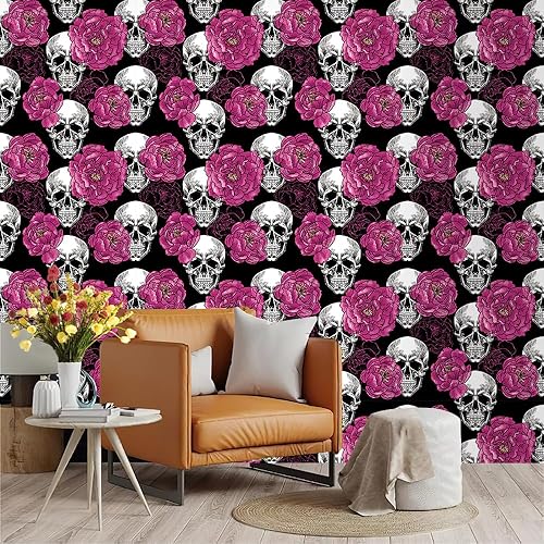 Miniatura 5 de Sugar Skull Penoy Papel Tapiz Floral de Despegar y Pegar para Dormitorio NegroBlancoRojo Papel de Contacto Removible Decoraciones de Pared Acentuada