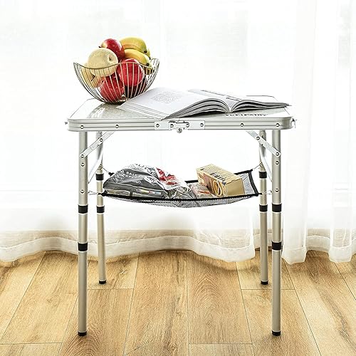 Miniatura 5 de Mesa plegable pequeña de 2 pies, mesa de campamento portátil con soportes de malla, altura ajustable de aluminio ligero, con asa de transporte para