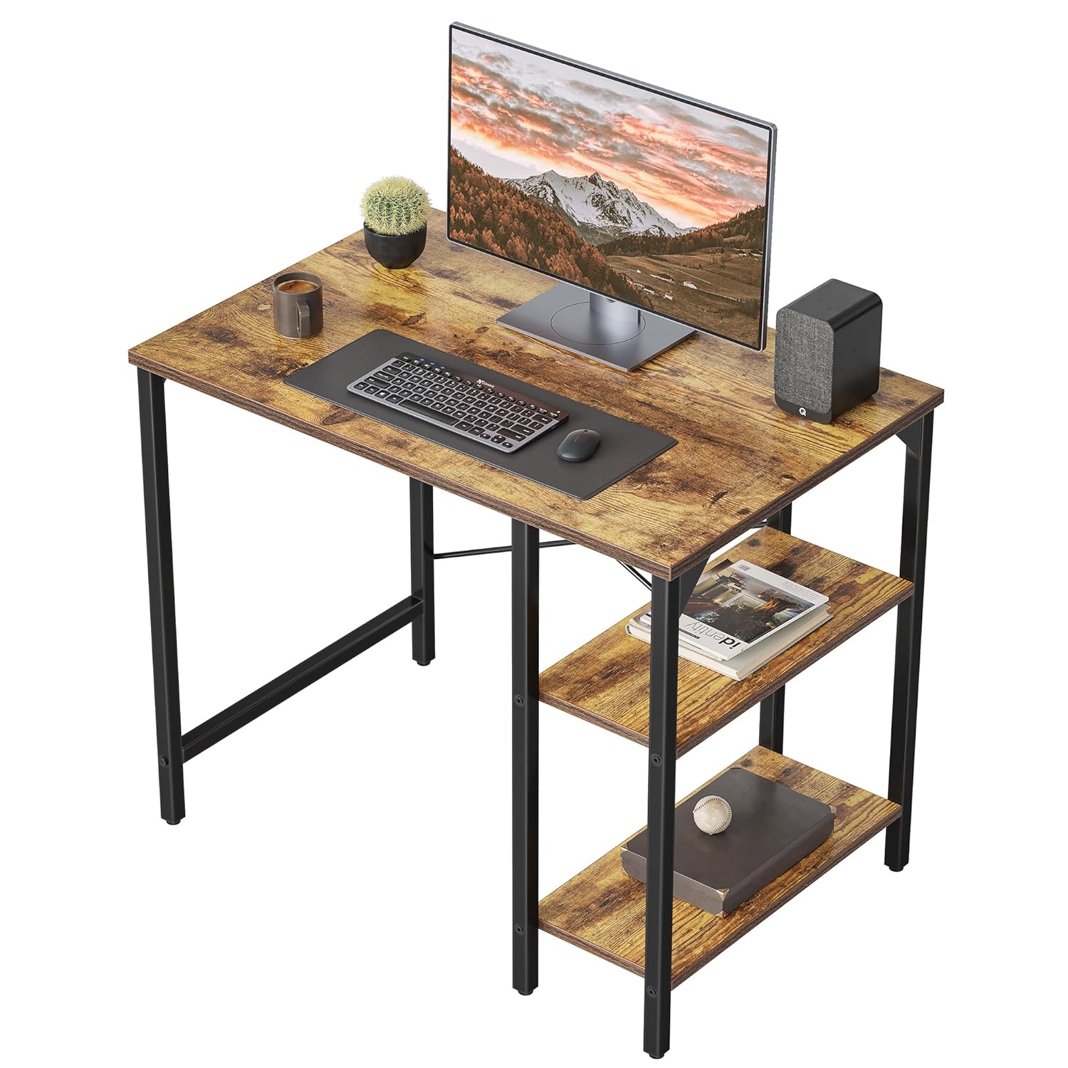 CubiCubi Small Computer Desk, 35 Inch Home Office Desk with 2Storage Shelves on Left or Right Side, Study Writing Desk with Storage Bag, Black