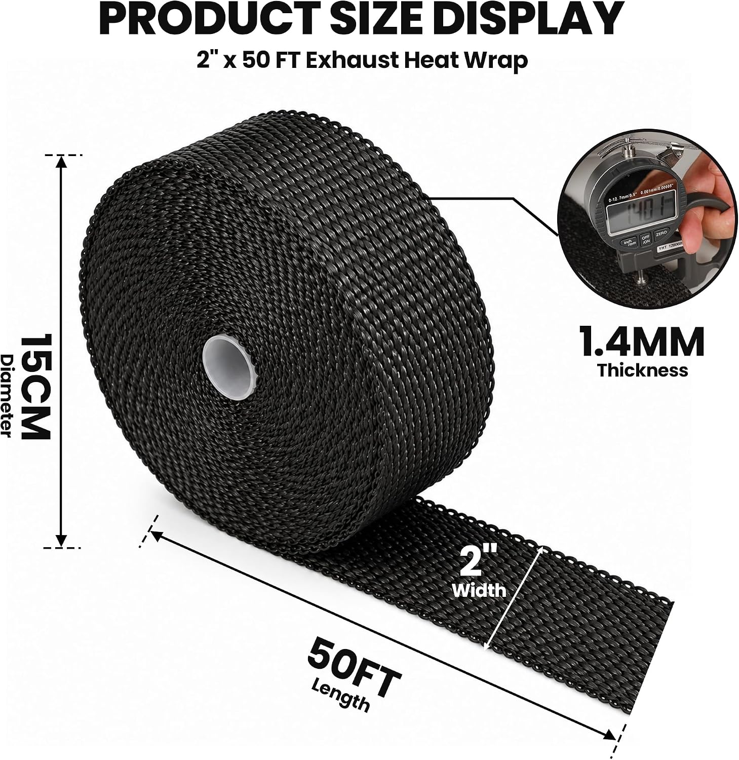 Exhaust Heat Wrap 2" x 50FT Titanium Header Wrap, 1800°F High Temp Fiberglass Heat Shield Tape with 12PCS 304 Stainless Steel Ties for Motorcycle Automotive Turbo Manifold