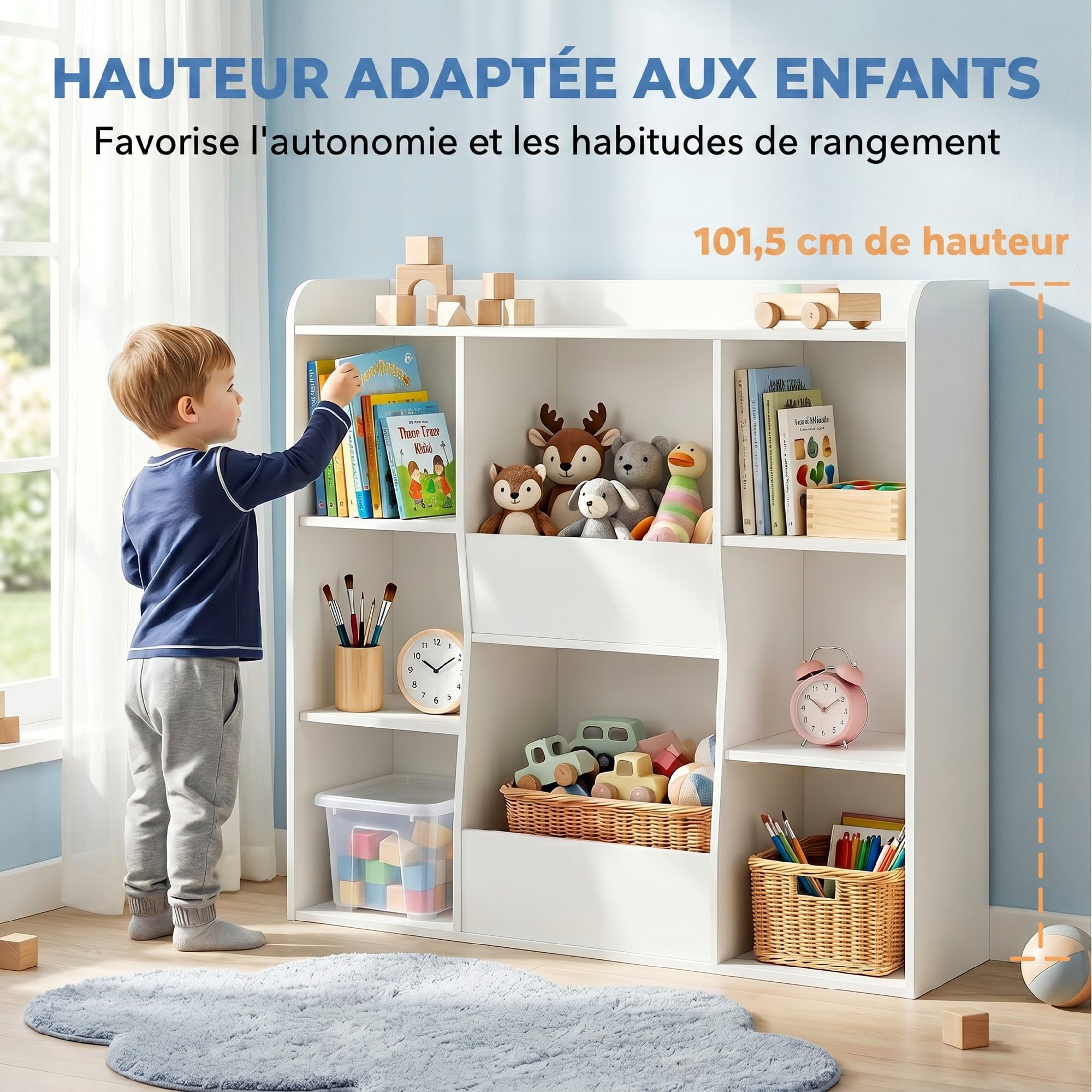 AIYAPLAY Meuble Rangement Enfant, bibliothèque Enfants avec 8 Compartiments et étagère supérieure, Anti-basculement, Rangement Jouets pour Chambre d'enfants, Salle de Jeu, crèche, Blanc